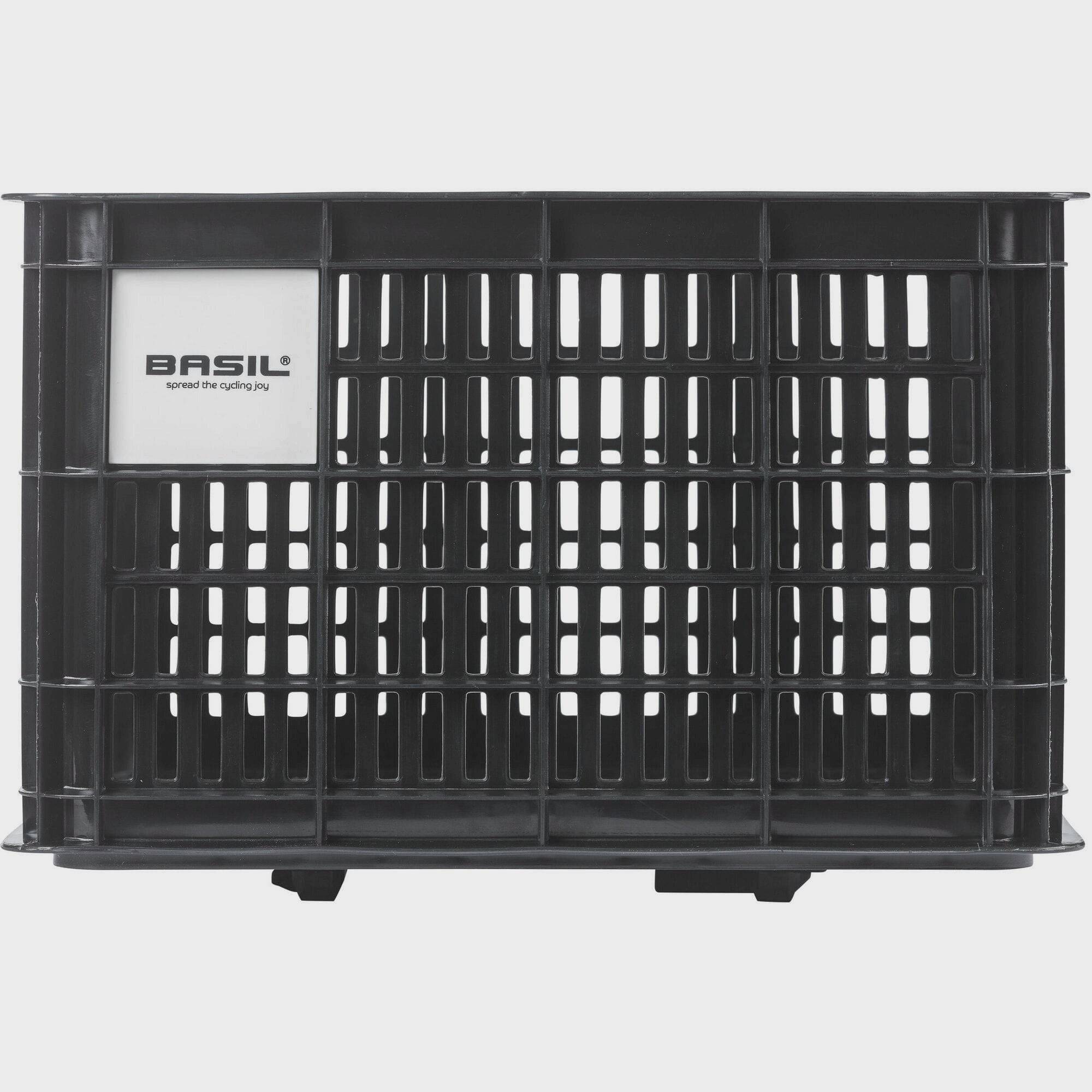 Black Basil Bicycle Crate MIK Medium 29.5L recycled synthetic bike basket attached to a bicycle for carrying items.