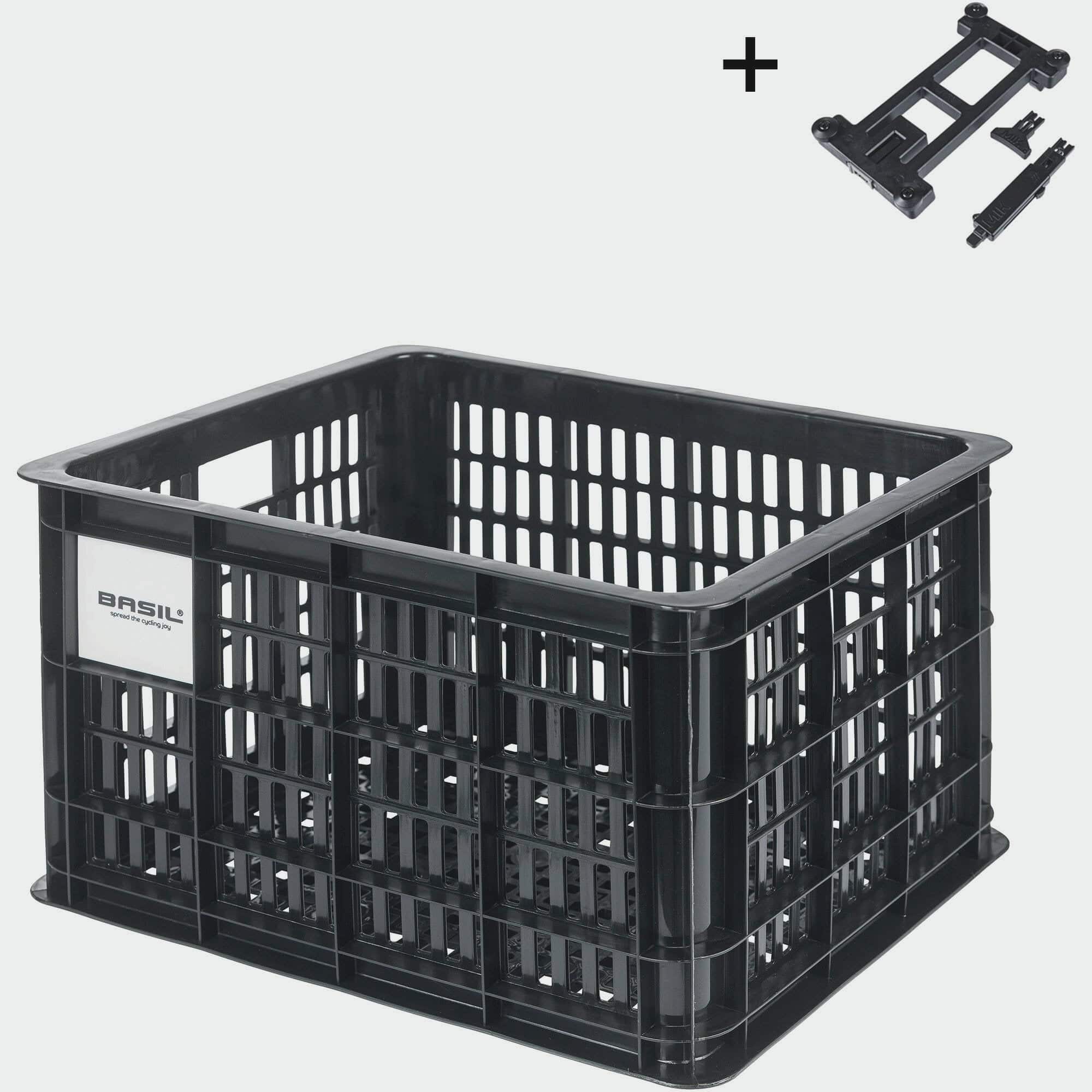 Basil Medium Basil Bicycle Crate MIK black recycled synthetic bike basket with handle for bike accessories and storage.