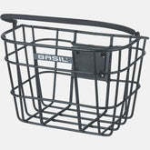 Basil Bremen Alu KF front bike basket in matte black with detachable handle and adapter plate, designed for cycling accessories.