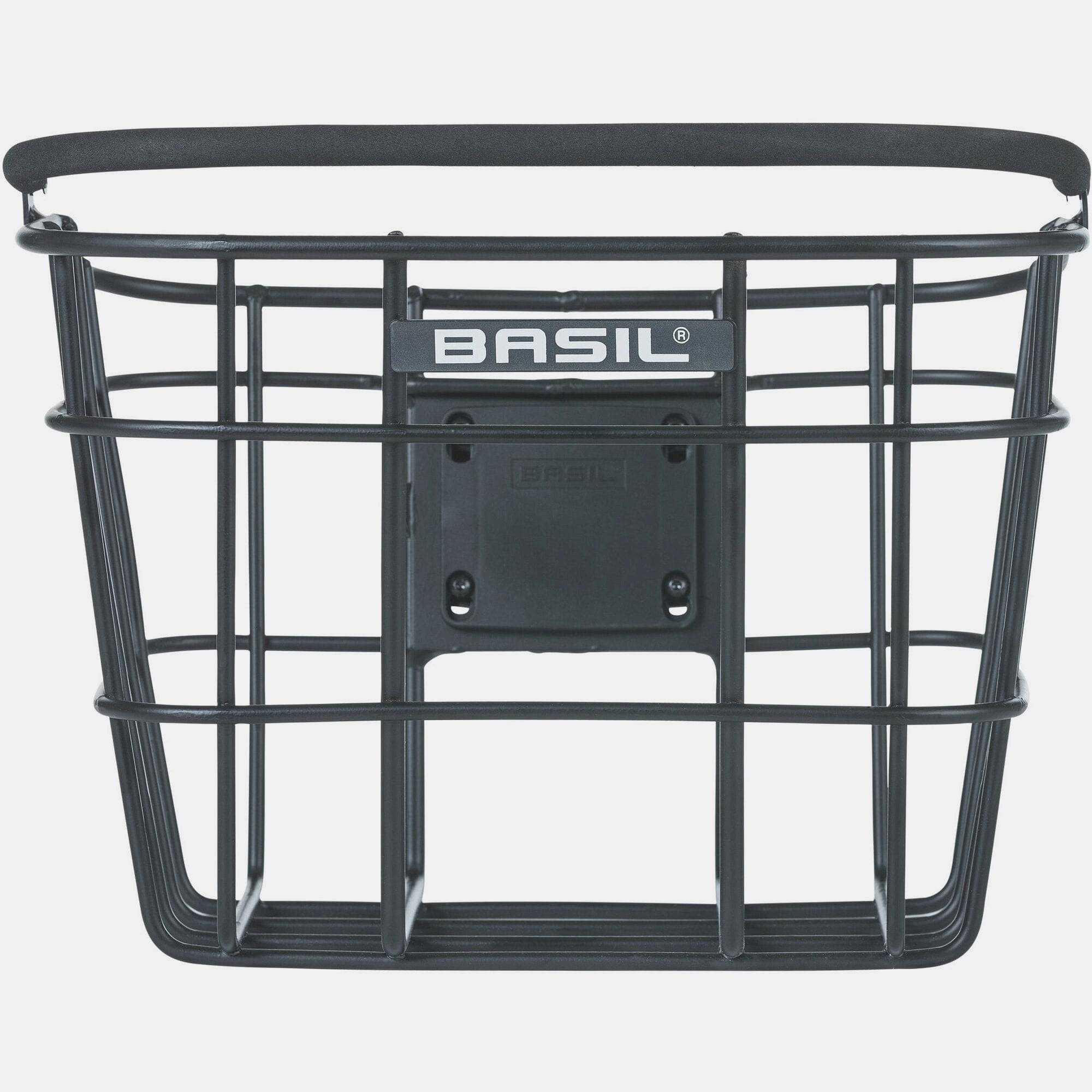 Basil Bremen Alu KF front bike basket in matte black with detachable handle and adapter plate, suitable for bike accessories.
