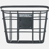 Basil Bremen Alu KF front bike basket in matte black with detachable handle and adapter plate, suitable for bike accessories.