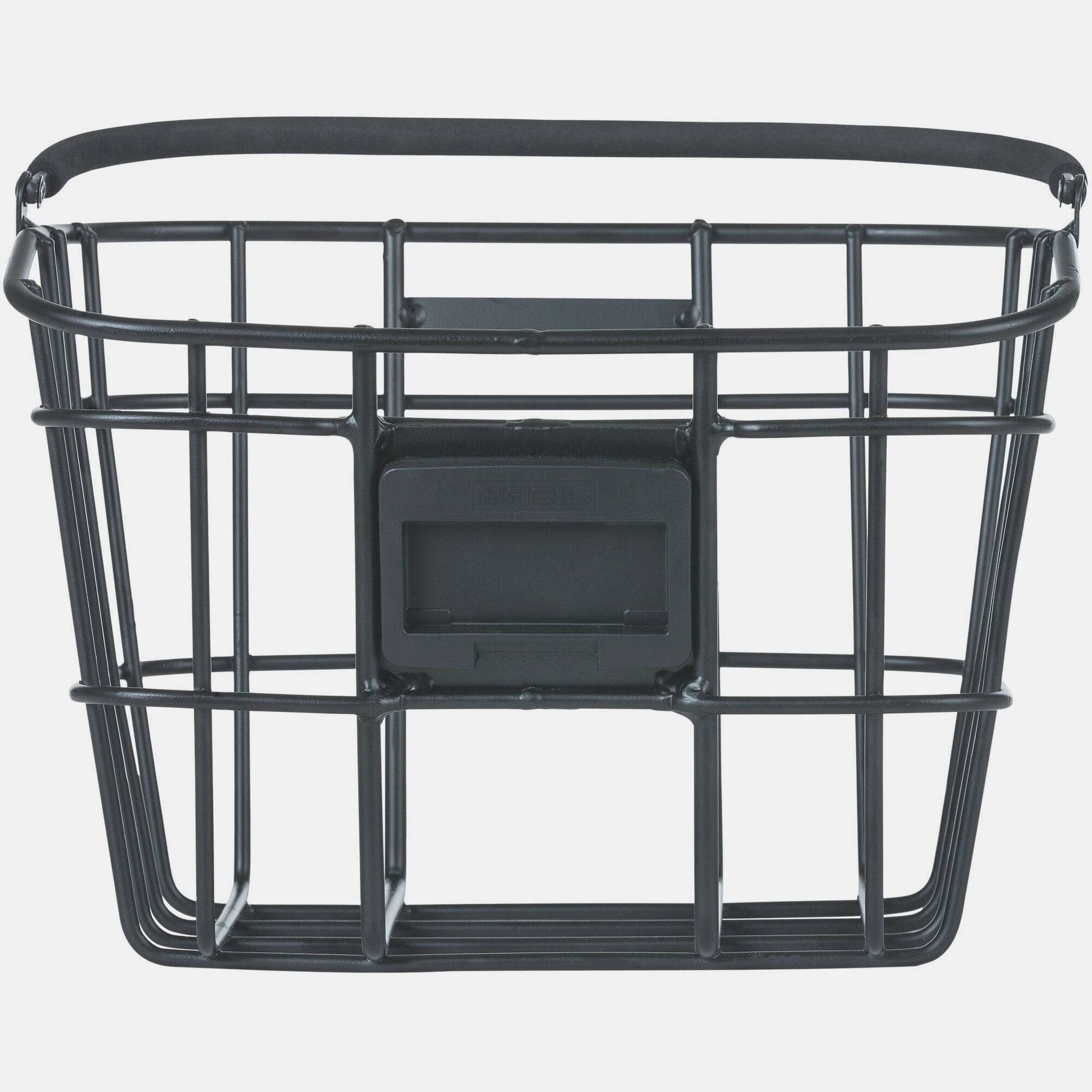 Basil Bremen Alu KF front bike basket in matte black with detachable handle and adapter plate for easy attachment.