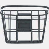 Basil Bremen Alu KF front bike basket in matte black with detachable handle and adapter plate for easy attachment.