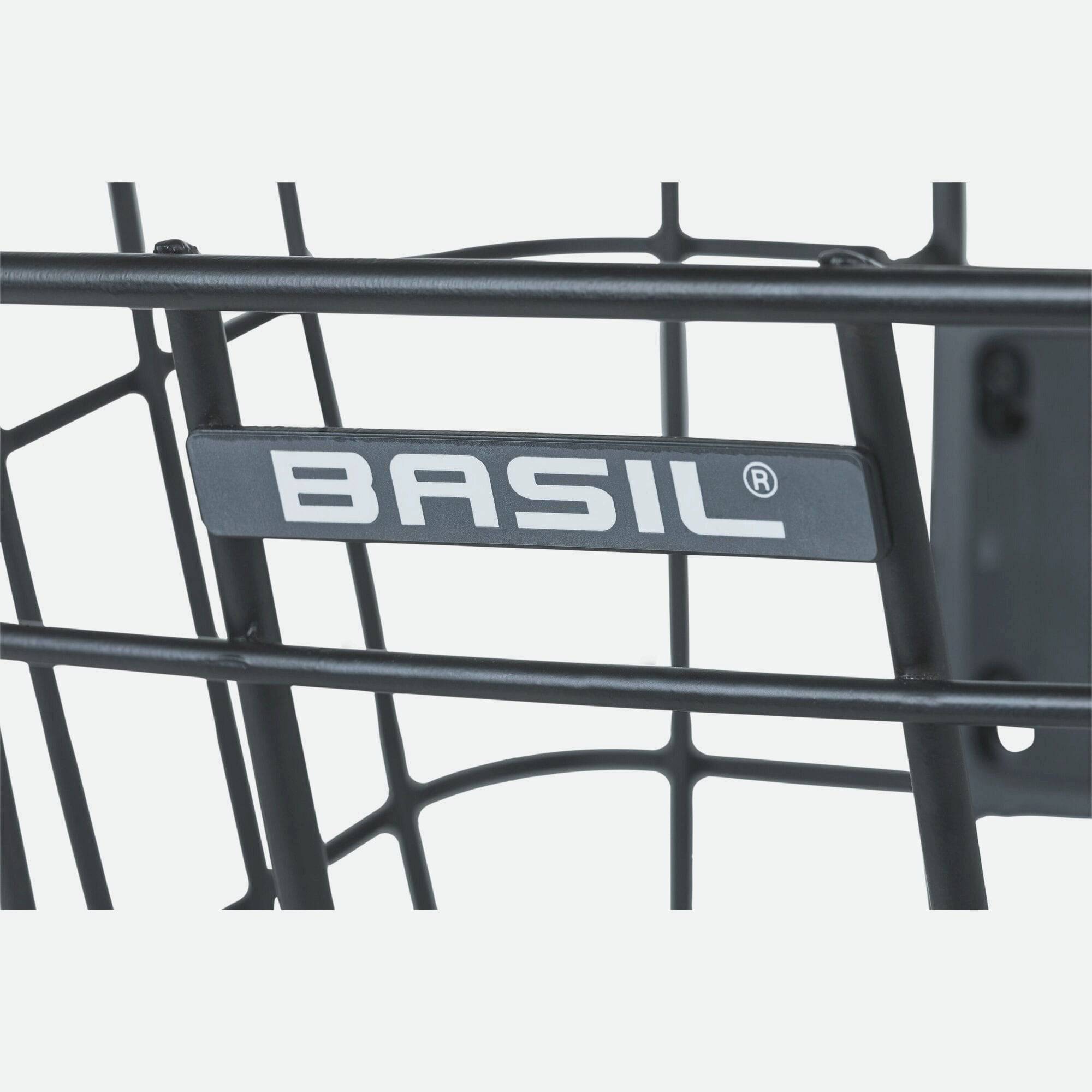 Basil Bremen Alu KF front bike basket in matte black with detachable handle and adapter plate, designed for bike accessories.