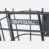 Basil Bremen Alu KF front bike basket in matte black with detachable handle and adapter plate, designed for bike accessories.