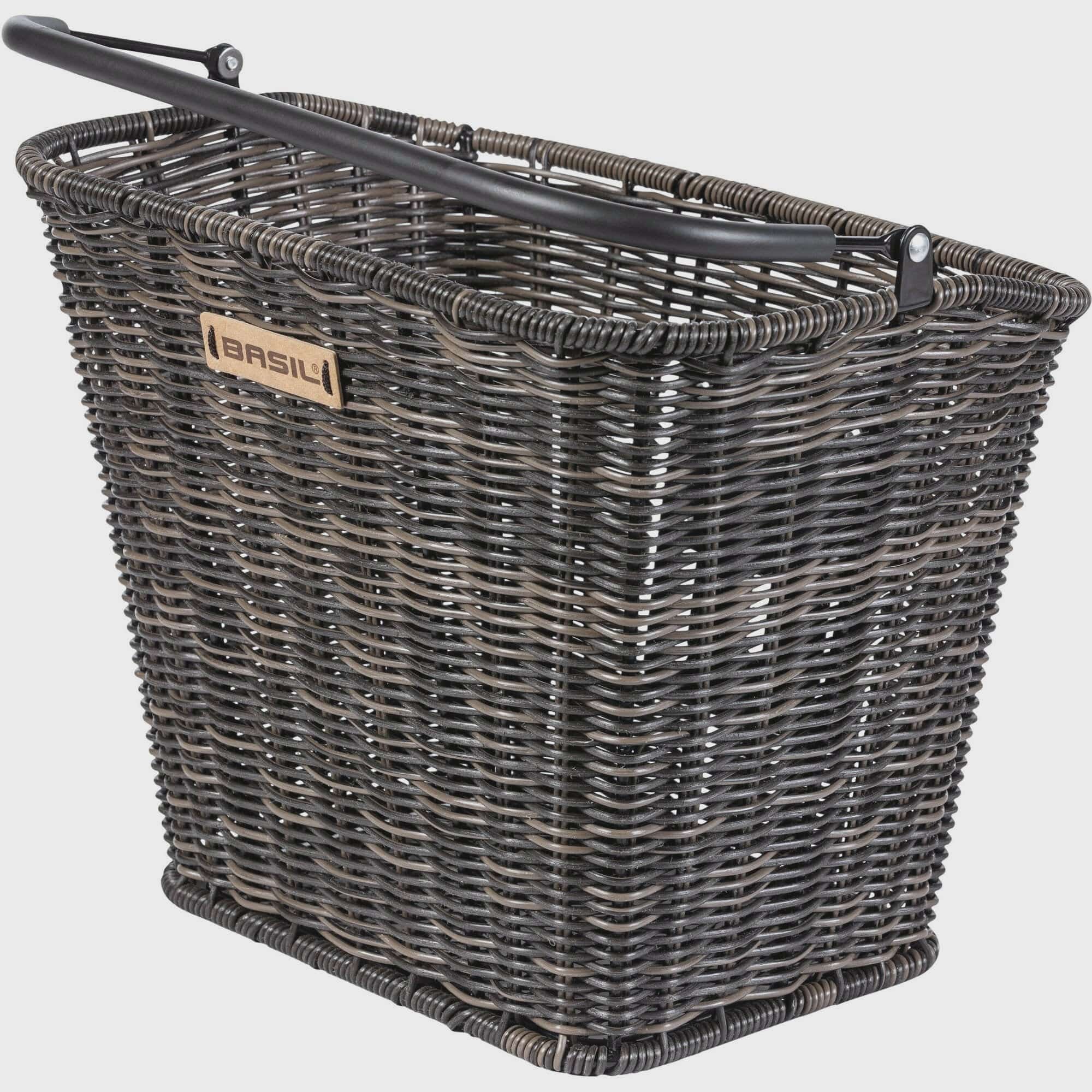Basil Bremen rattan-look front bike basket in nature brown with KF adapter, designed for bicycle accessories.