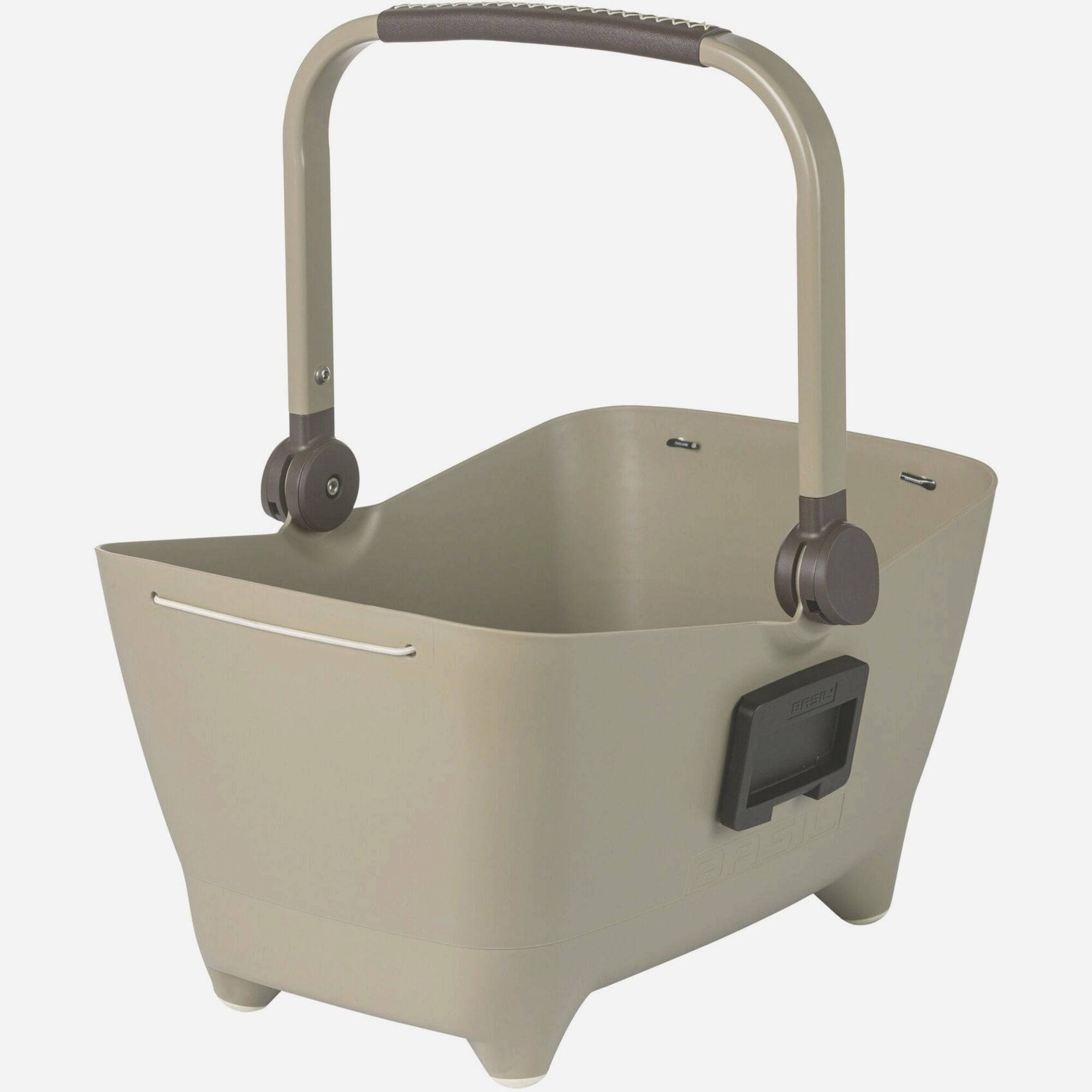 Basil Buddy dog bicycle basket KF 32L with cushion in Biscotti Brown, front mount accessory for pets and cycling.