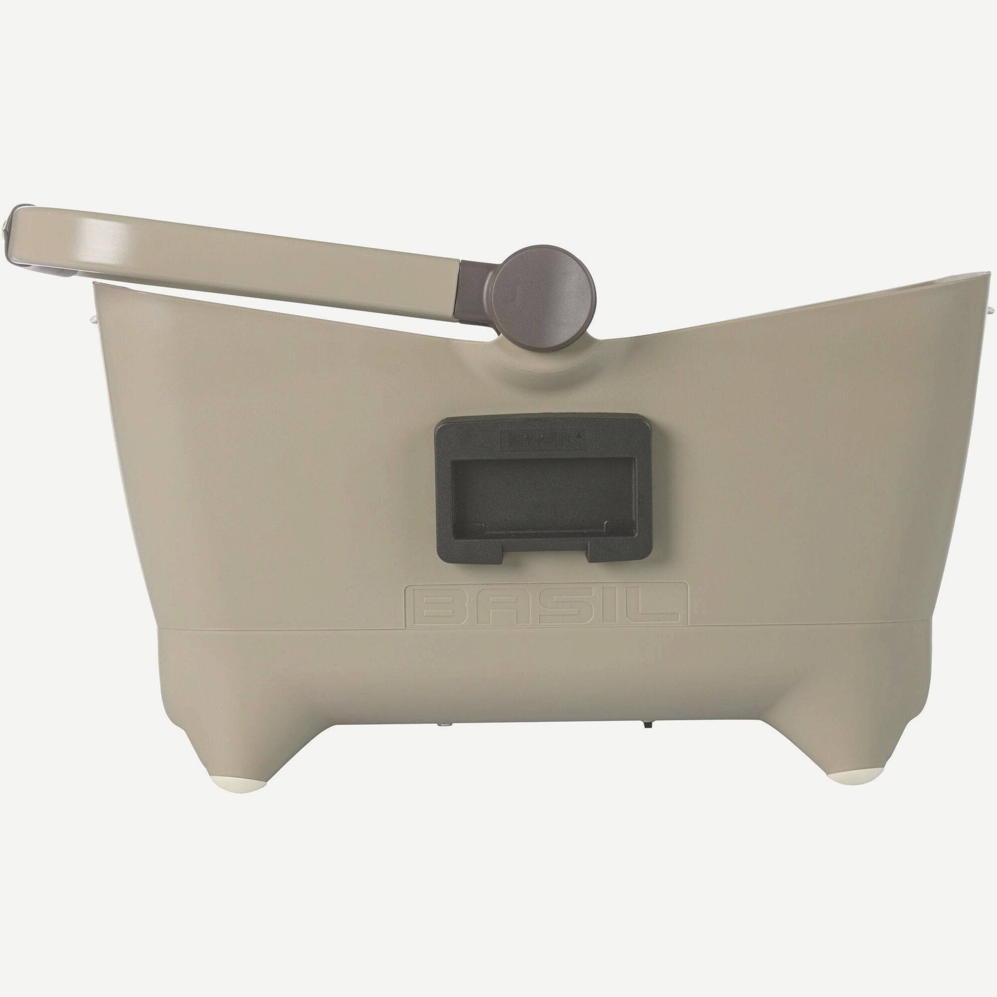 Basil Buddy Dog Bicycle Basket KF 32L in Biscotti Brown with cushion, front mount accessory for bike travel with a dog.