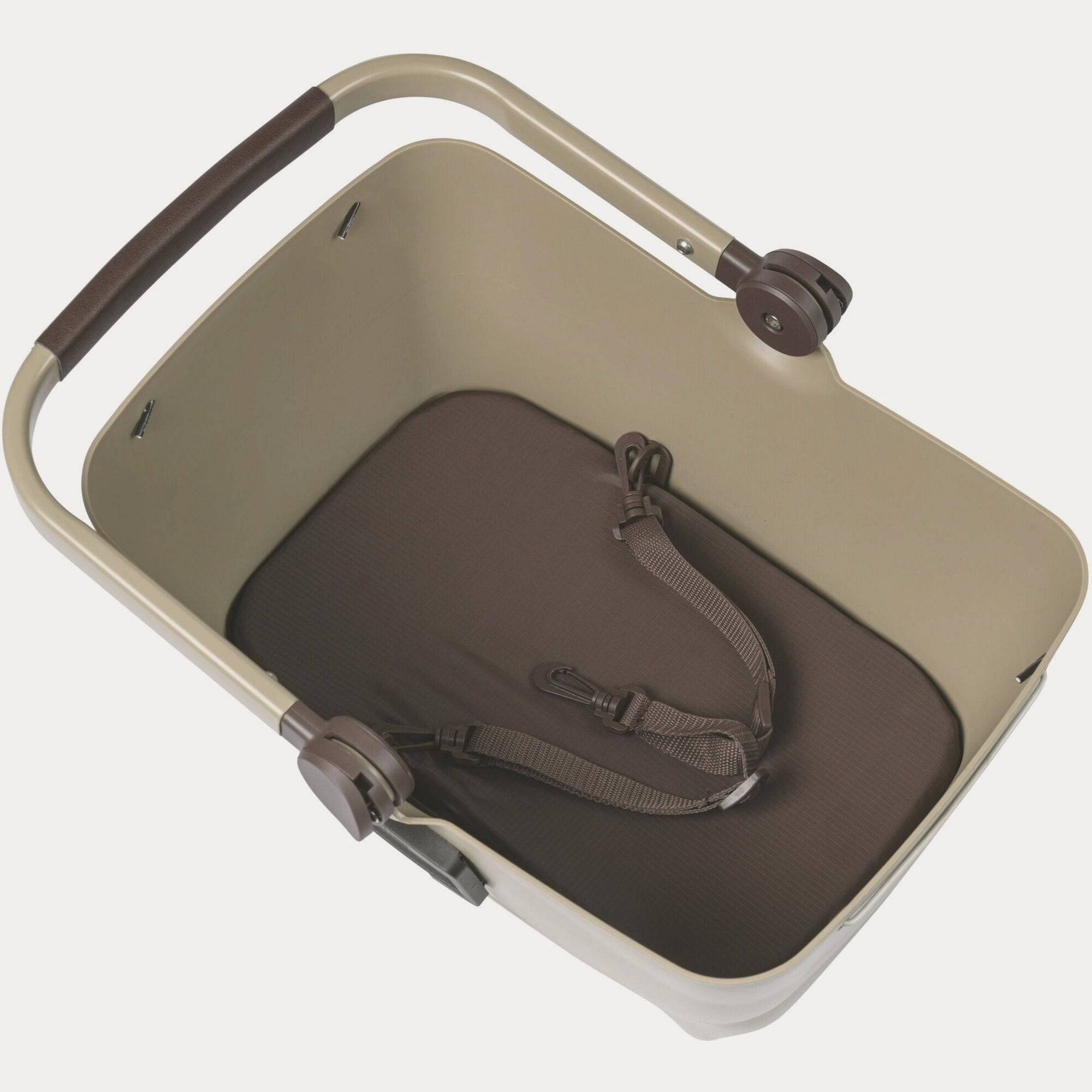 Basil Buddy dog bicycle basket KF 32L with cushion, biscotti brown front mount accessory for pet transport on bike.