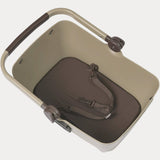 Basil Buddy dog bicycle basket KF 32L with cushion, biscotti brown front mount accessory for pet transport on bike.