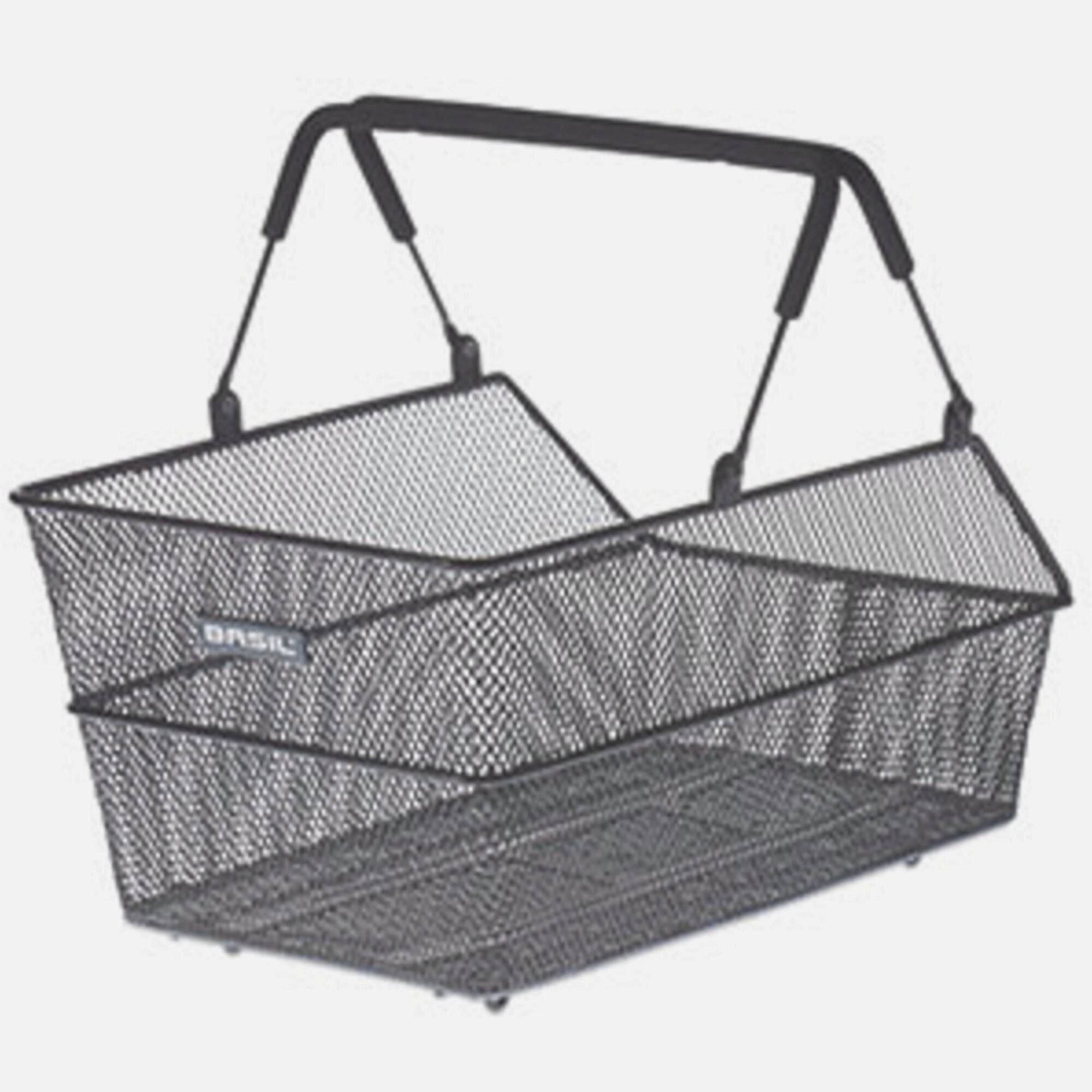 Black Basil Cento S rear bicycle basket with mesh steel construction, compatible with multi-system bike accessories.