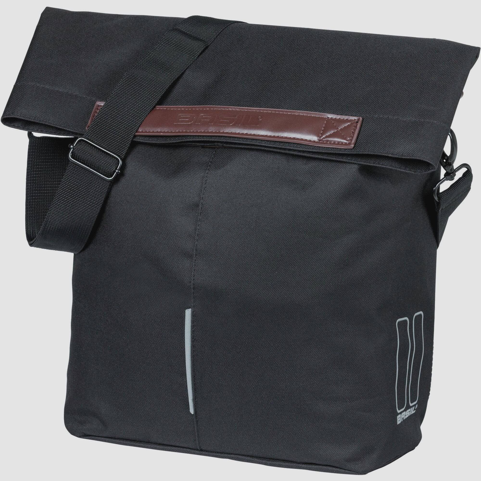 Black Basil City Bicycle Shopper Bag with hook-on system, reflective details, designed for 14-16L capacity, bike accessories.