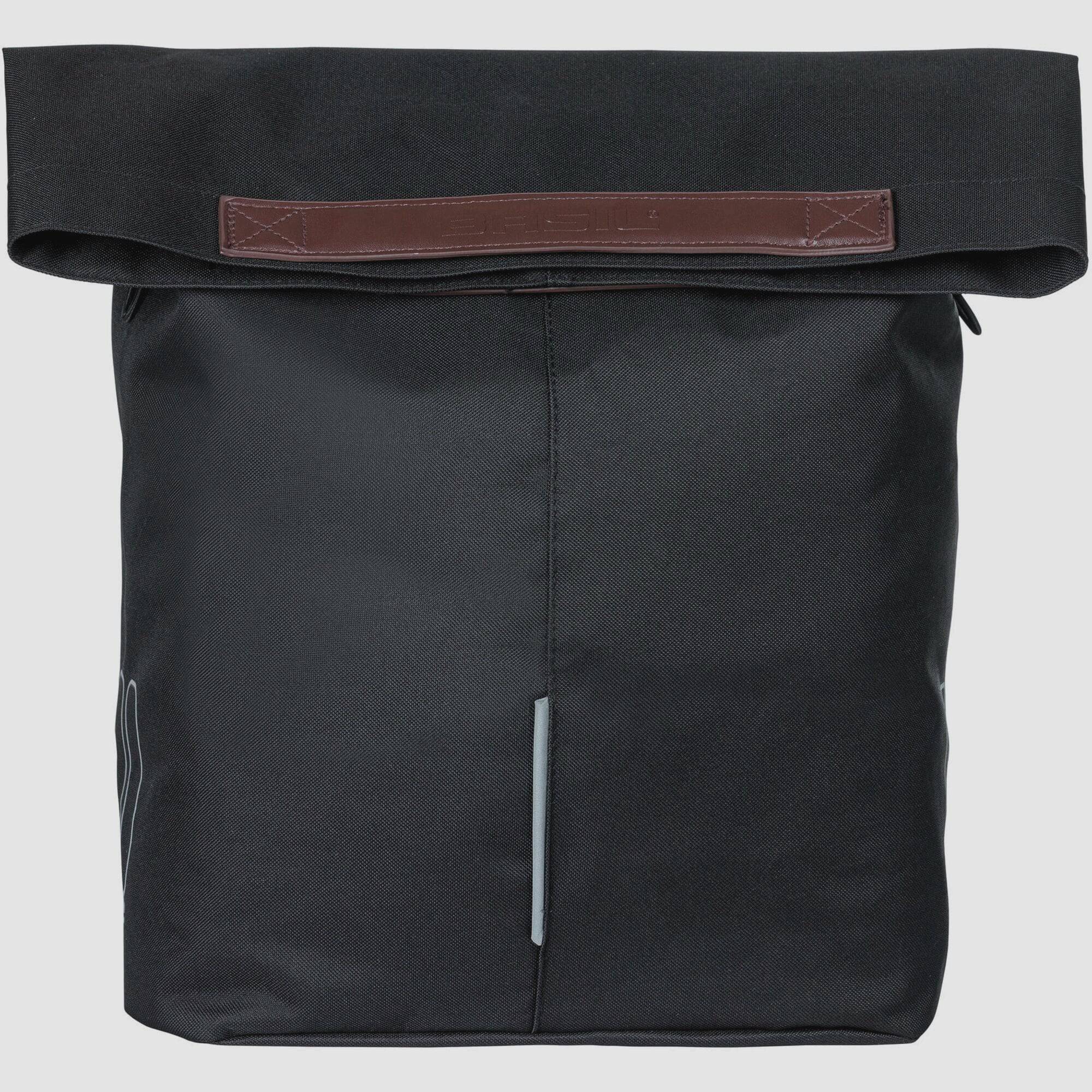 Black Basil City Bicycle Shopper Bag with hook-on system and reflective details, designed for 14-16L capacity and bike accessories.