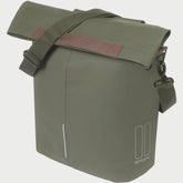 Basil City bicycle shopper bag in moss green with reflective details and hook-on system, designed for 14-16L capacity.
