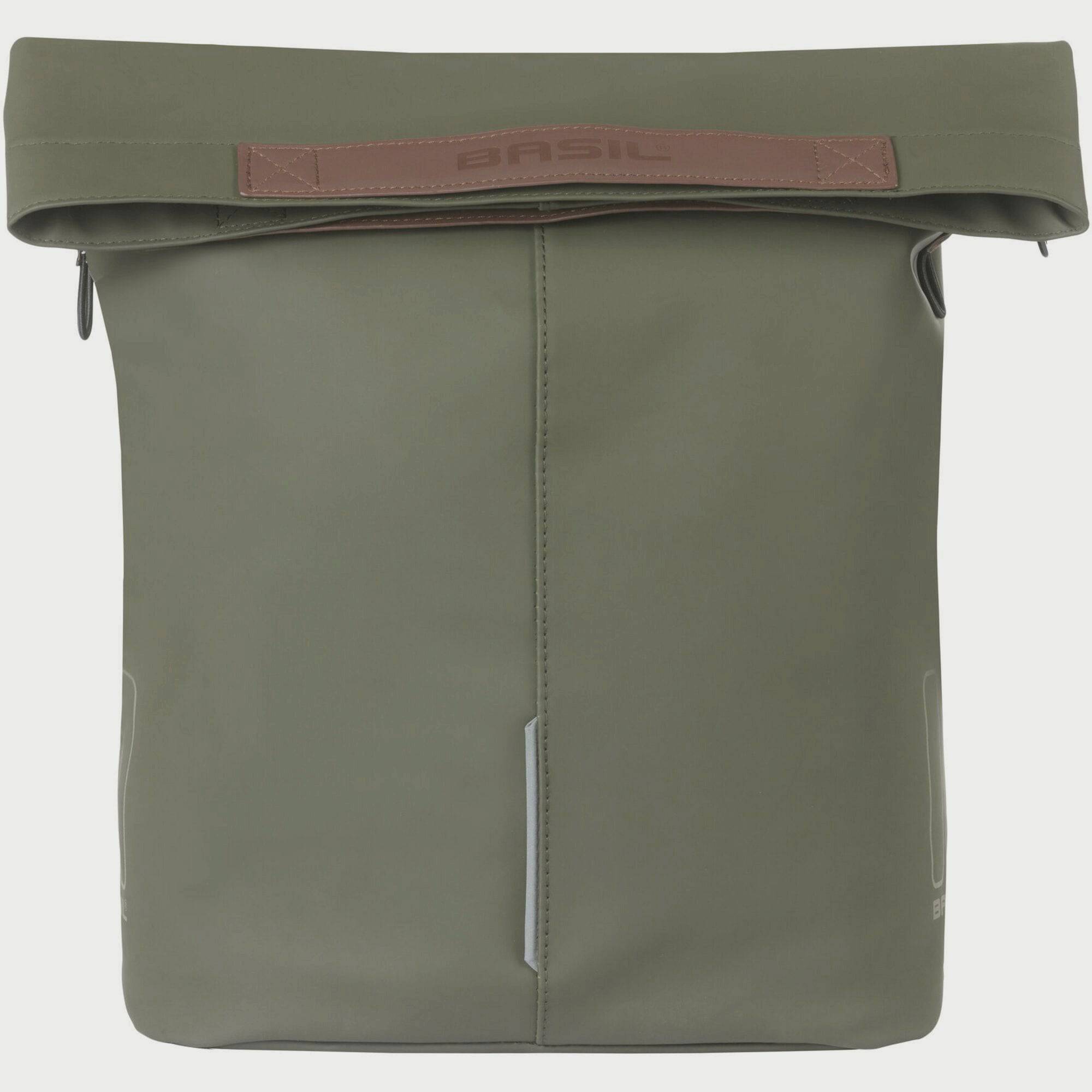 Basil City bicycle shopper bag in moss green with reflective details, hook-on system, 14-16L capacity, designed for cycling accessories.