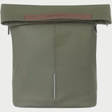 Basil City bicycle shopper bag in moss green with reflective details, hook-on system, 14-16L capacity, designed for cycling accessories.