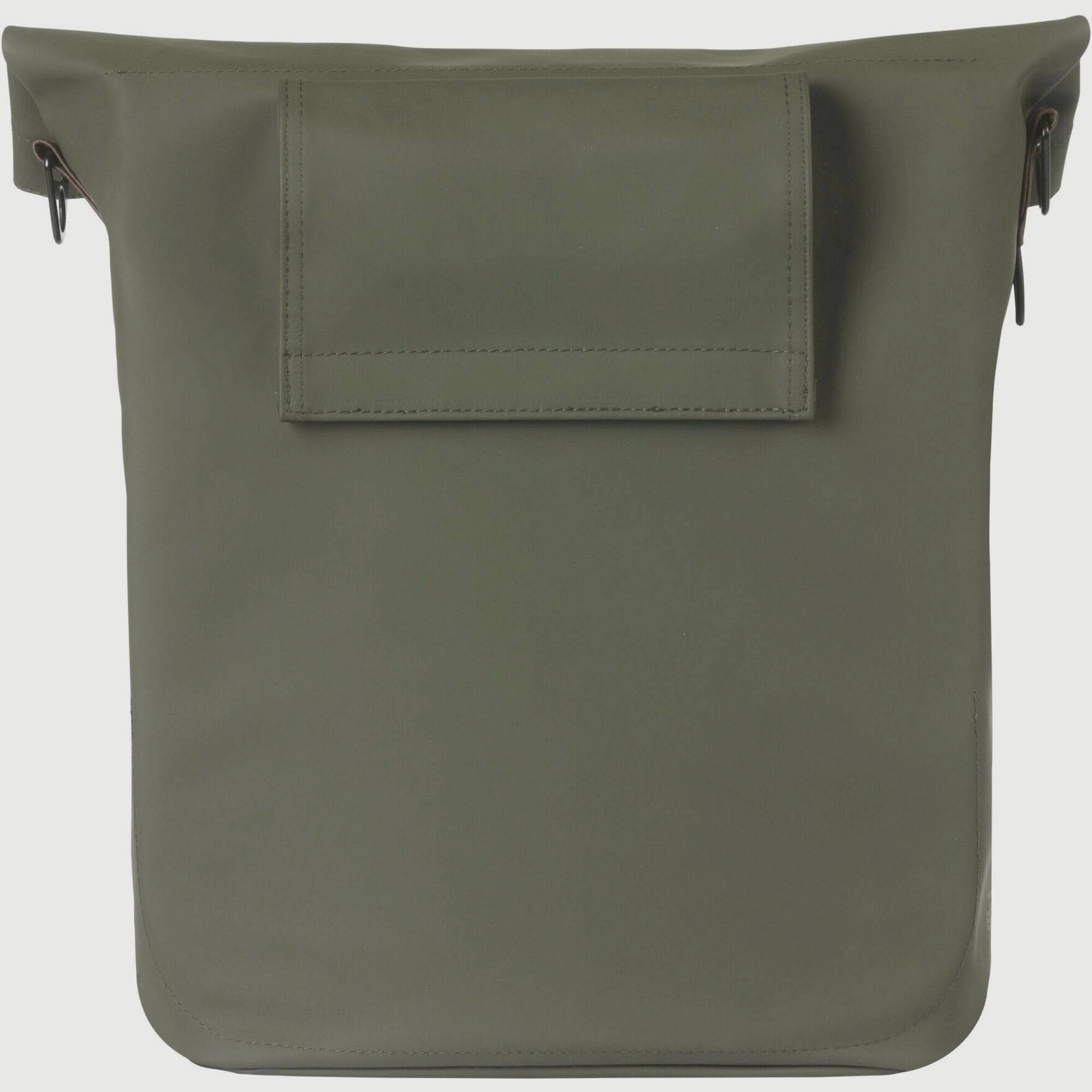 Basil City bicycle shopper bag in moss green with reflective details, hook-on system, and 14-16L capacity for accessories.