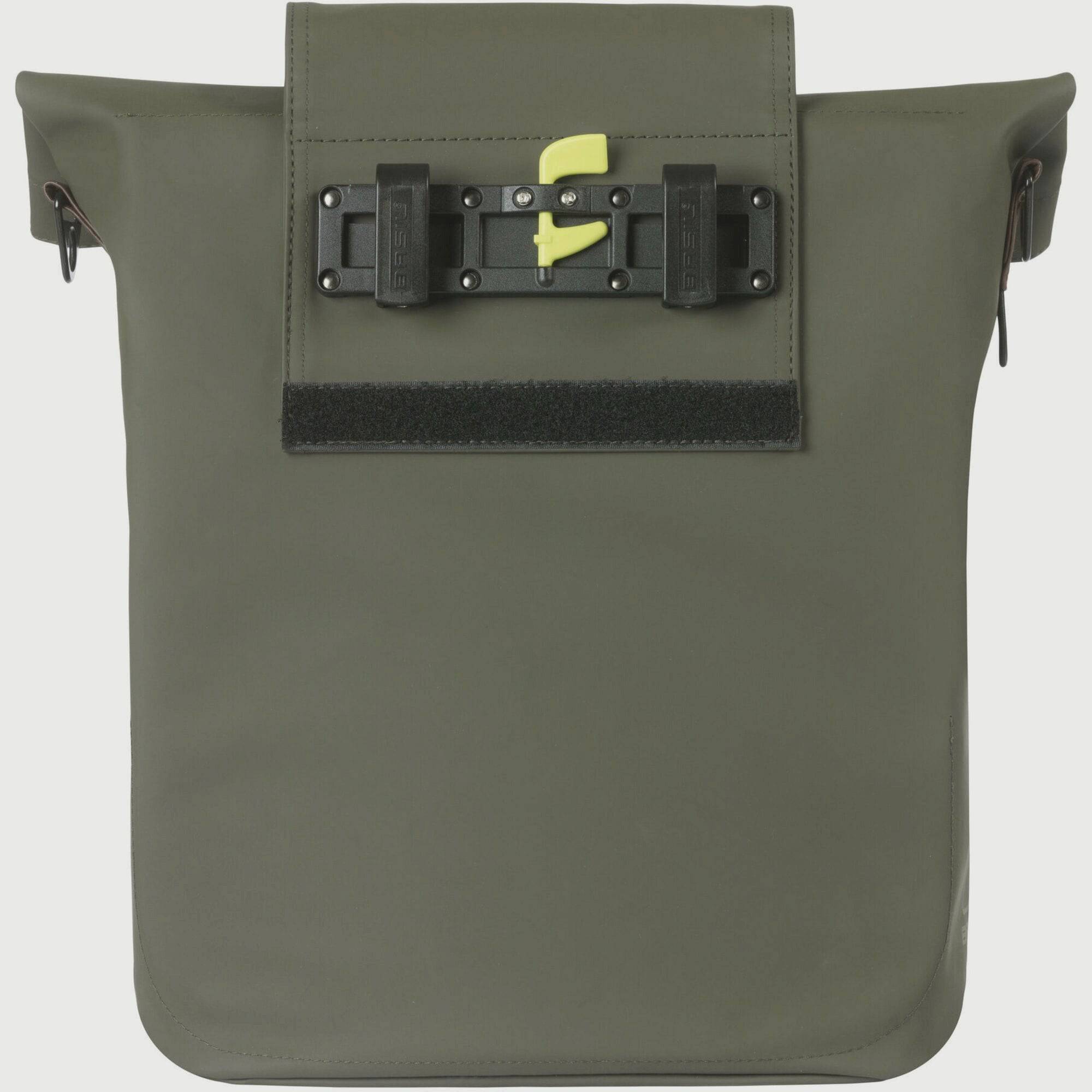 Basil City bicycle shopper bag in moss green with reflective details, hook-on system, and 14-16L capacity for bike accessories.