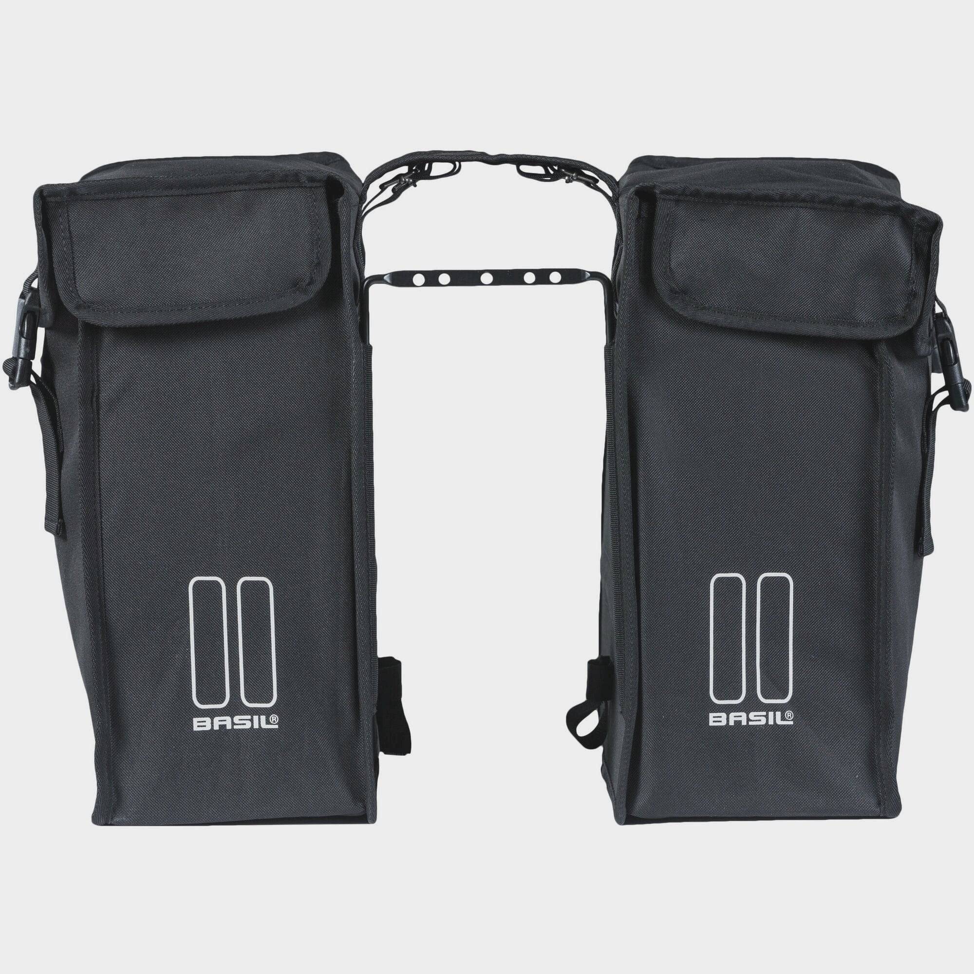 Black Basil distance holder for double panniers with rear light mount, accessory for bike racks and luggage.