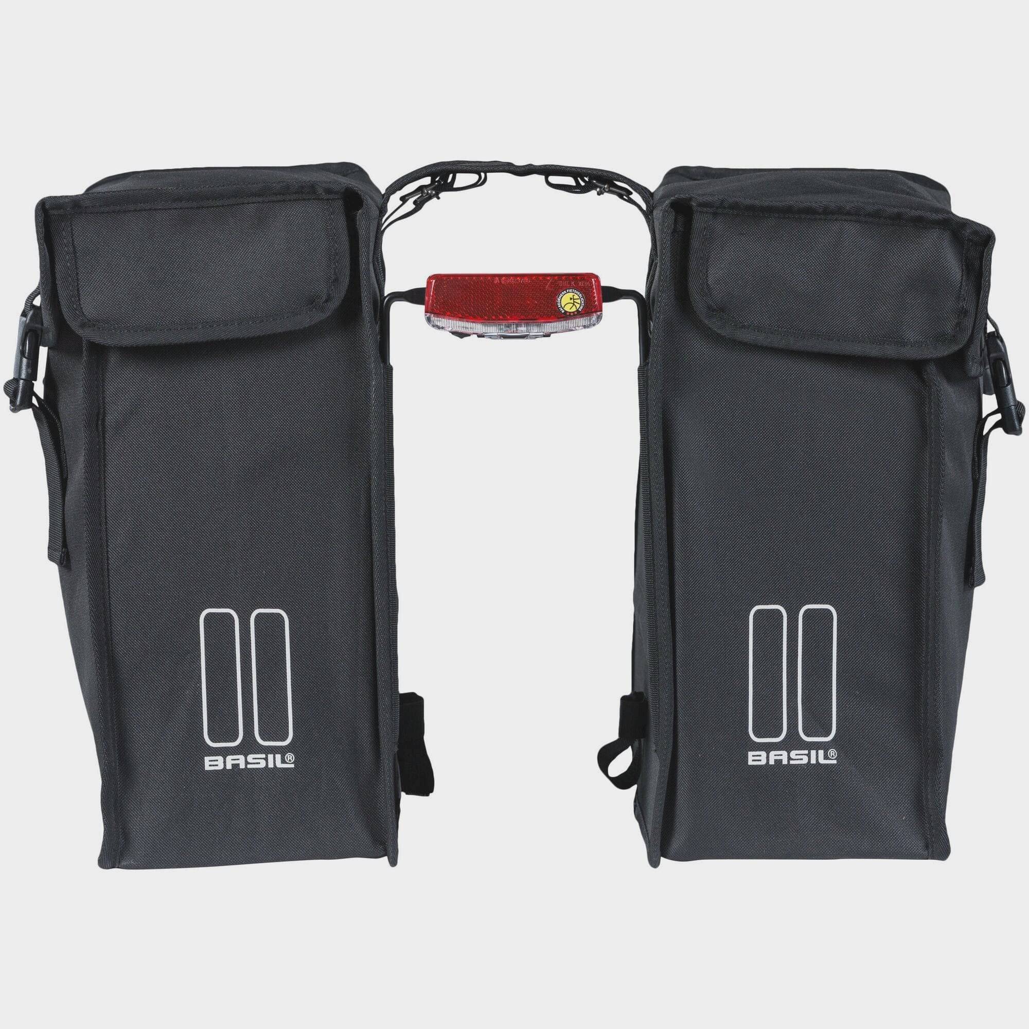 Black Basil distance holder accessory for double panniers with rear light mount, designed for bike luggage and accessories.