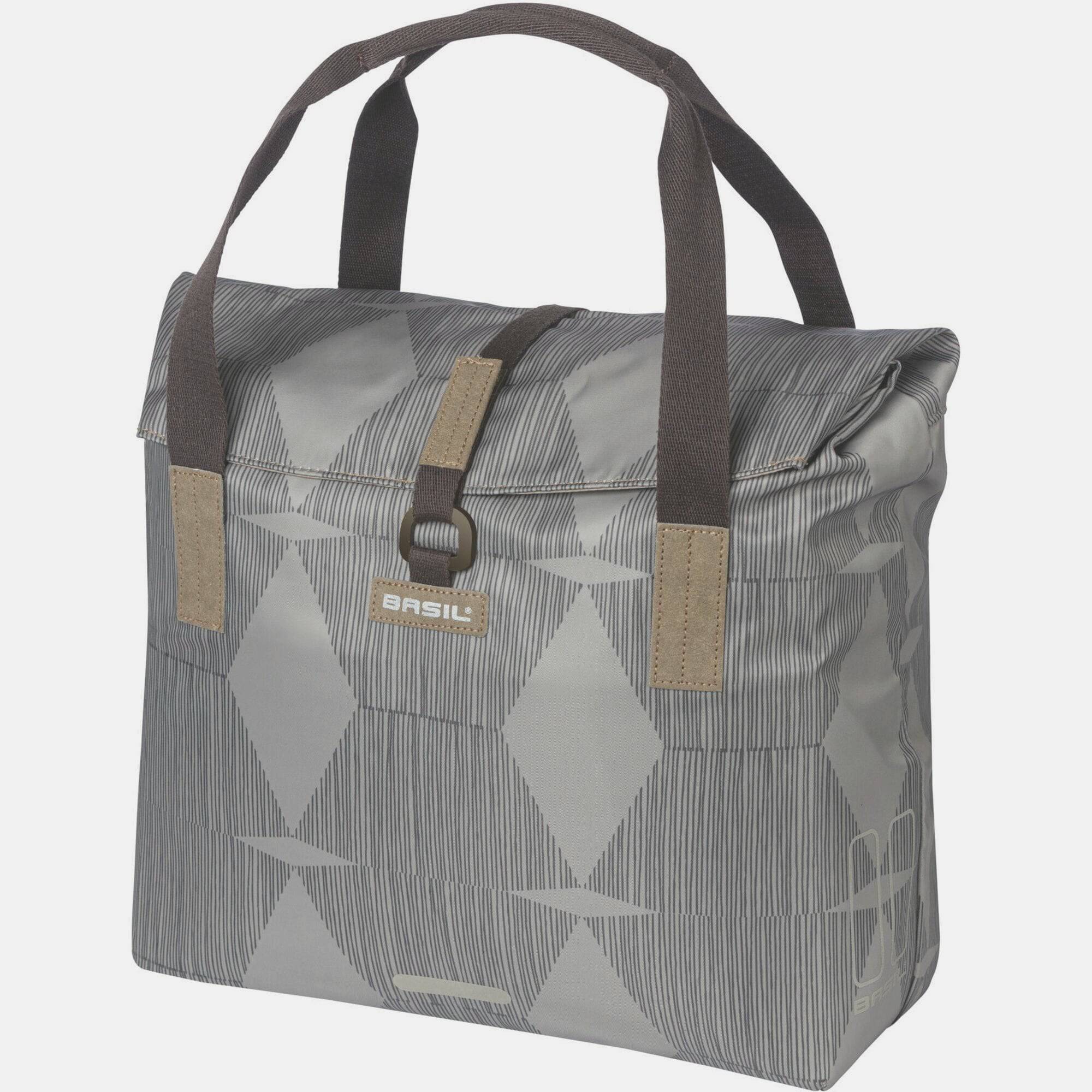 Basil Elegance bicycle shopper bag in Chateau Taupe with hook-on system, 20-26L capacity, designed for bike accessories.