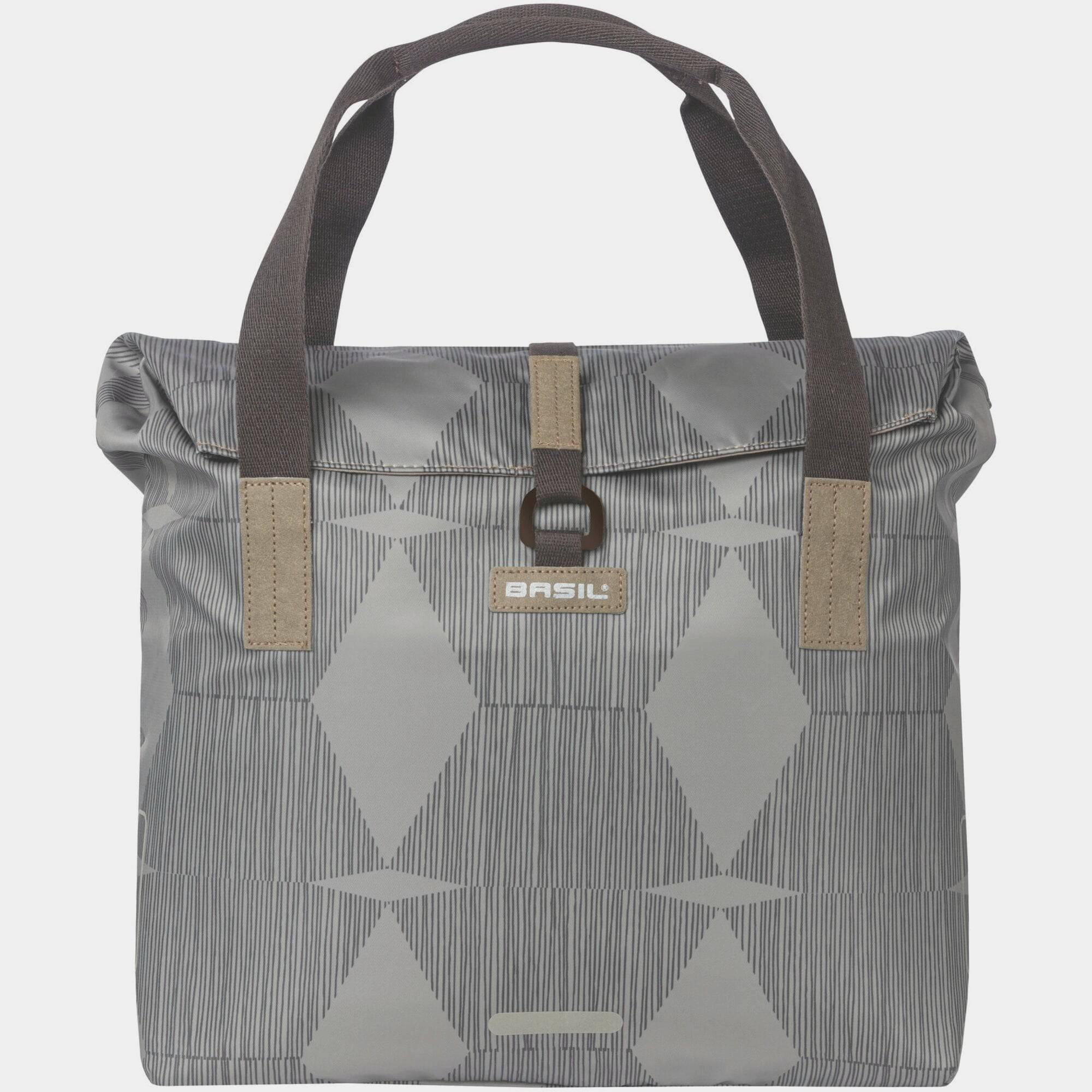 Basil Elegance Bicycle Shopper Bag in Chateau Taupe with hook-on system, 20-26L capacity, designed for bike accessories.