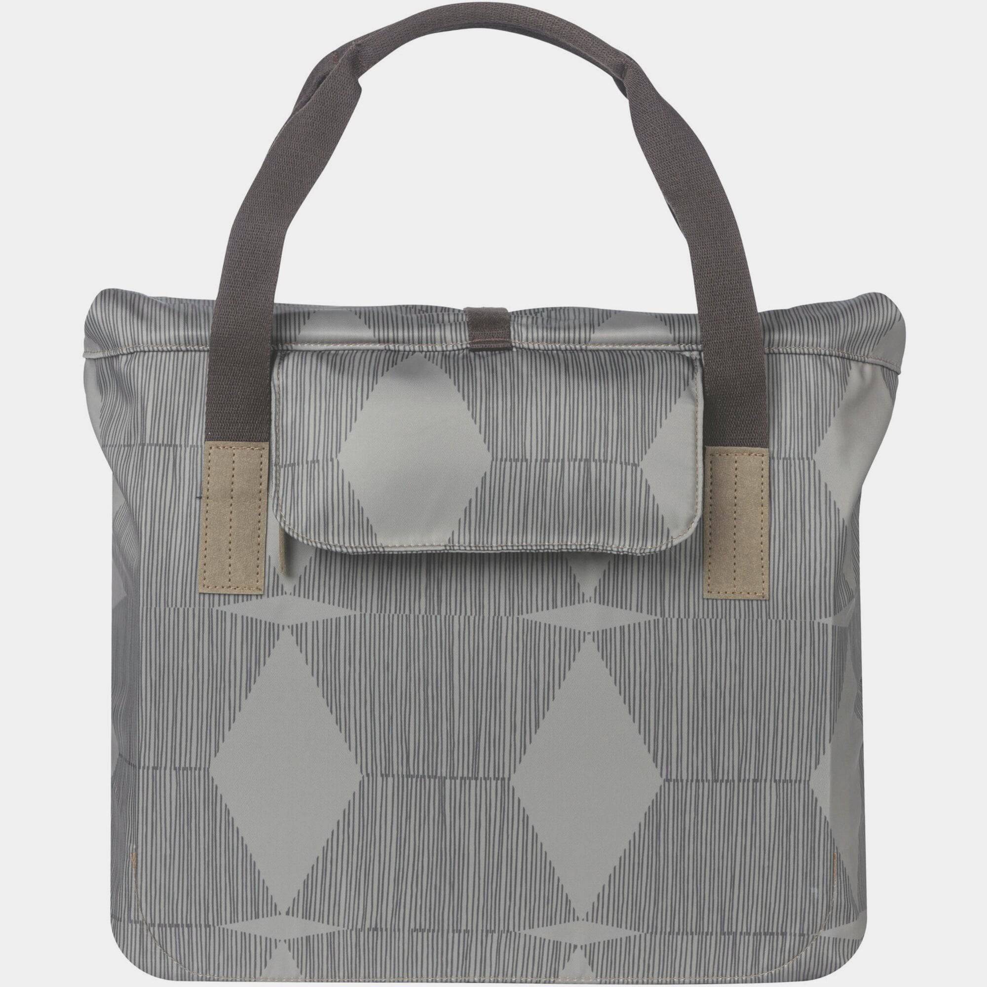 Basil Elegance bicycle shopper bag in Chateau Taupe with hook-on system, 20-26L capacity, designed for bike accessories.