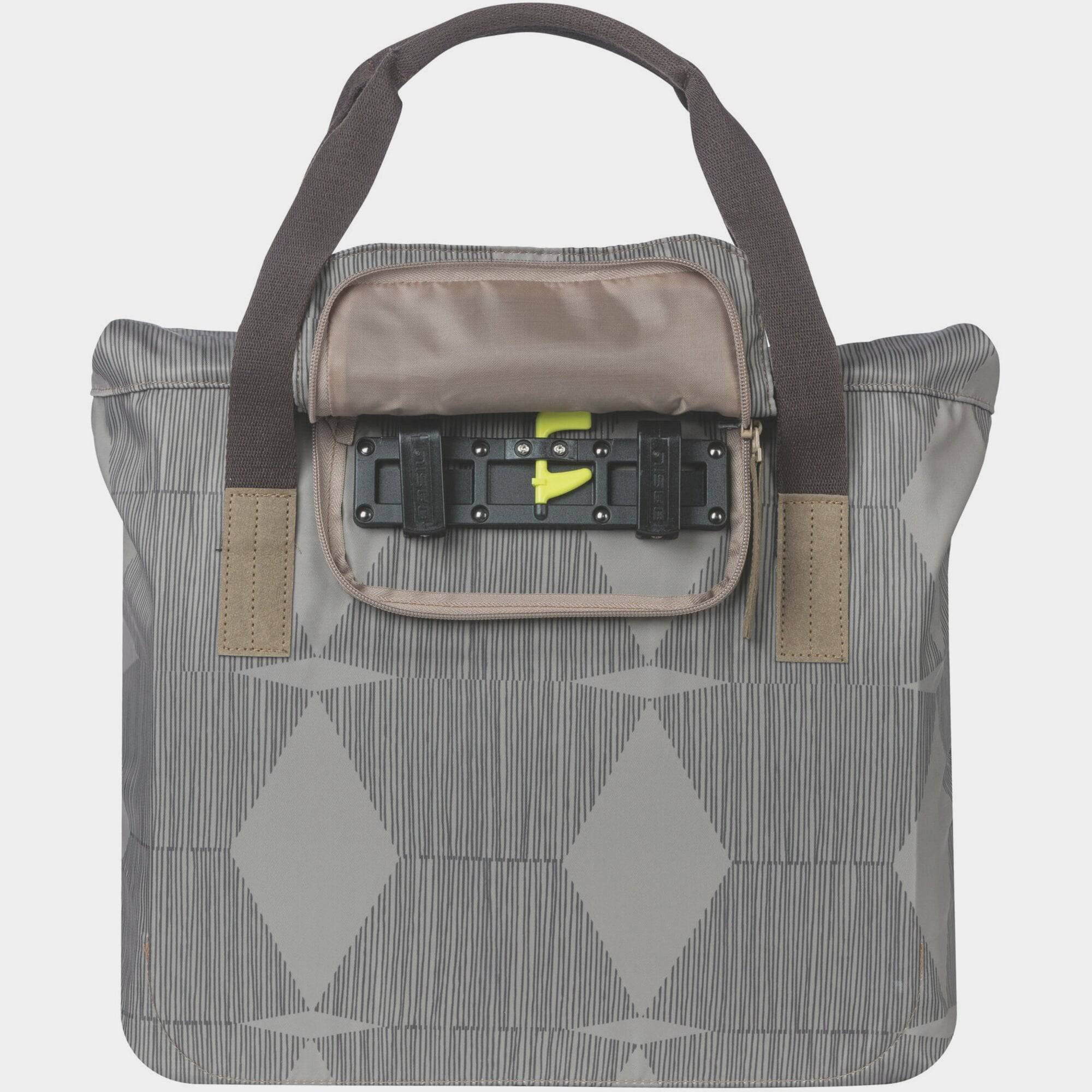 Basil Elegance Bicycle Shopper Bag in Chateau Taupe with hook-on system, 20-26L capacity, designed for bike accessories.