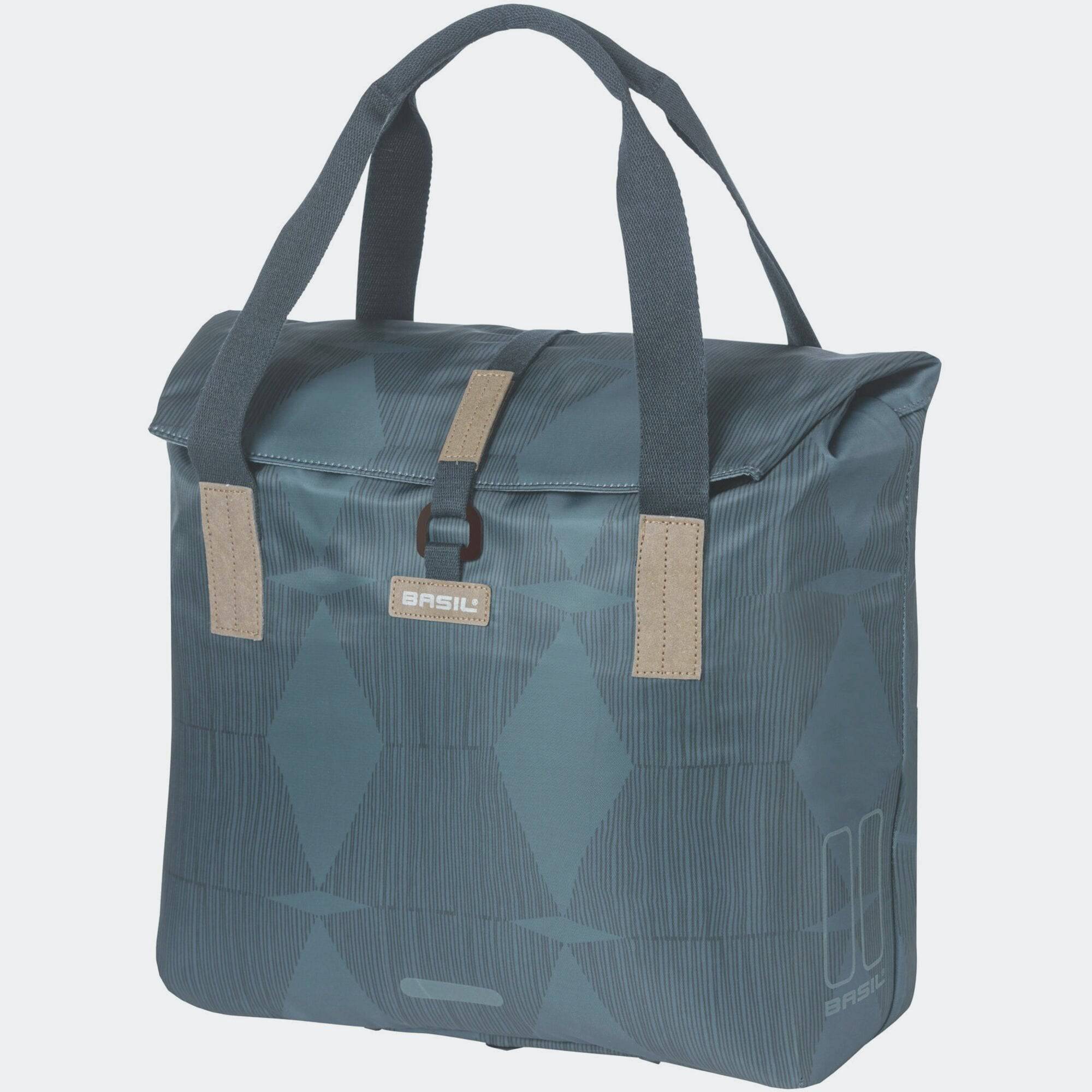 Basil Elegance bicycle shopper bag in estate blue with hook-on system, 20-26L capacity, designed for bike accessories.