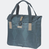 Basil Elegance bicycle shopper bag in estate blue with hook-on system, 20-26L capacity, designed for bike accessories.