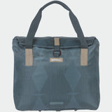 Basil Elegance bicycle shopper bag in estate blue with hook-on system, 20-26L capacity, designed for bike accessories.