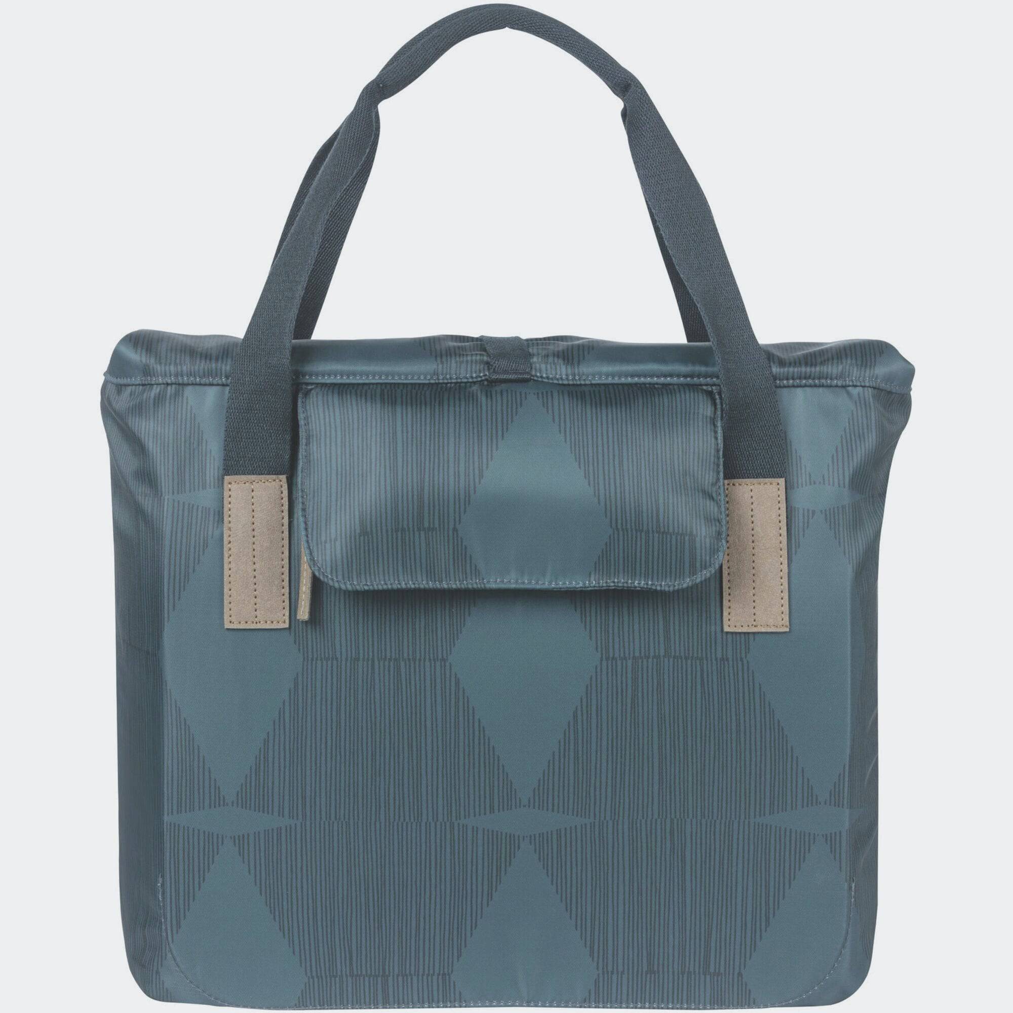 Basil Elegance Bicycle Shopper Bag in estate blue with hook-on system, 20-26L capacity, designed for bike accessories.