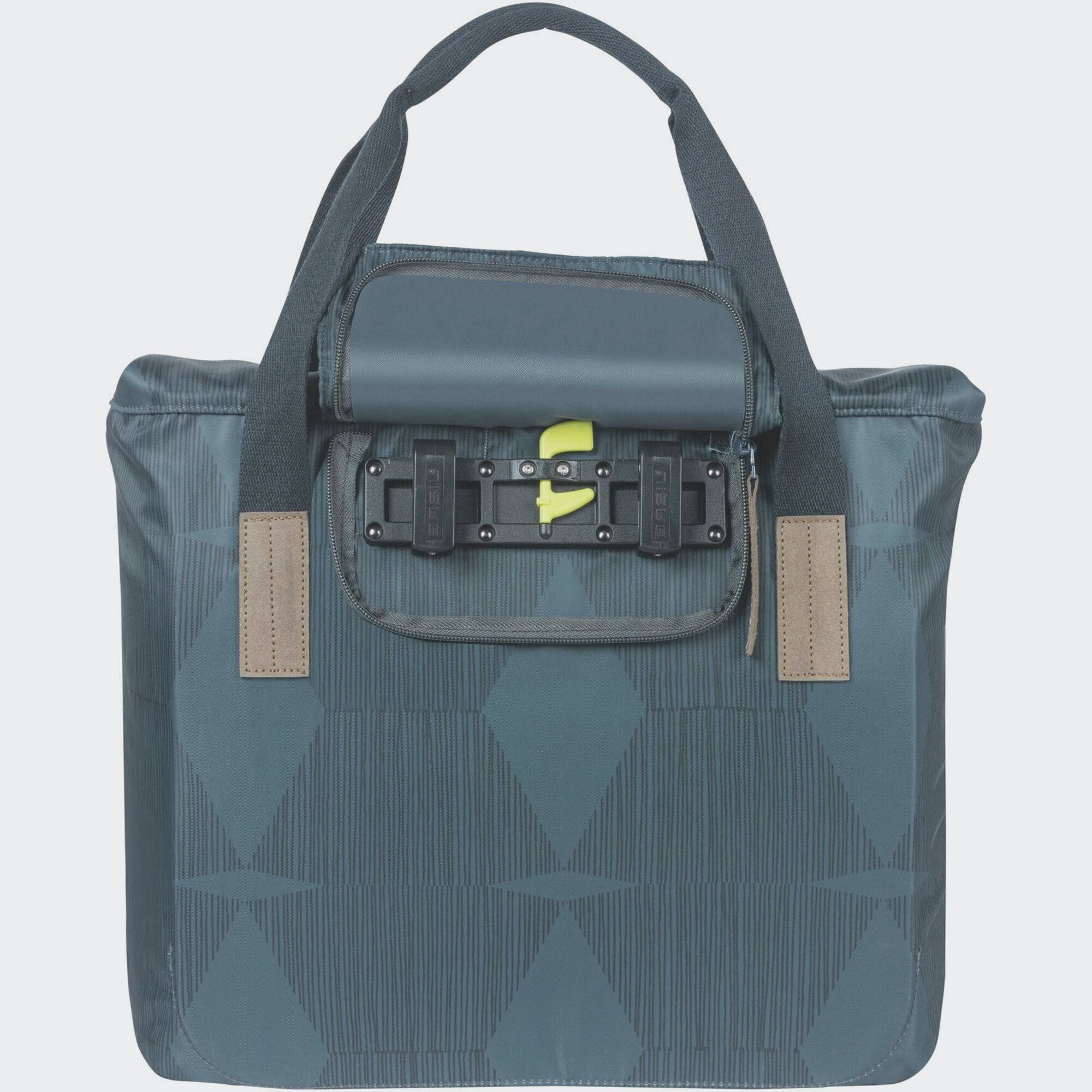 Basil Elegance Bicycle Shopper Bag in estate blue with hook-on system, 20-26L capacity, designed for versatile cycling accessories.
