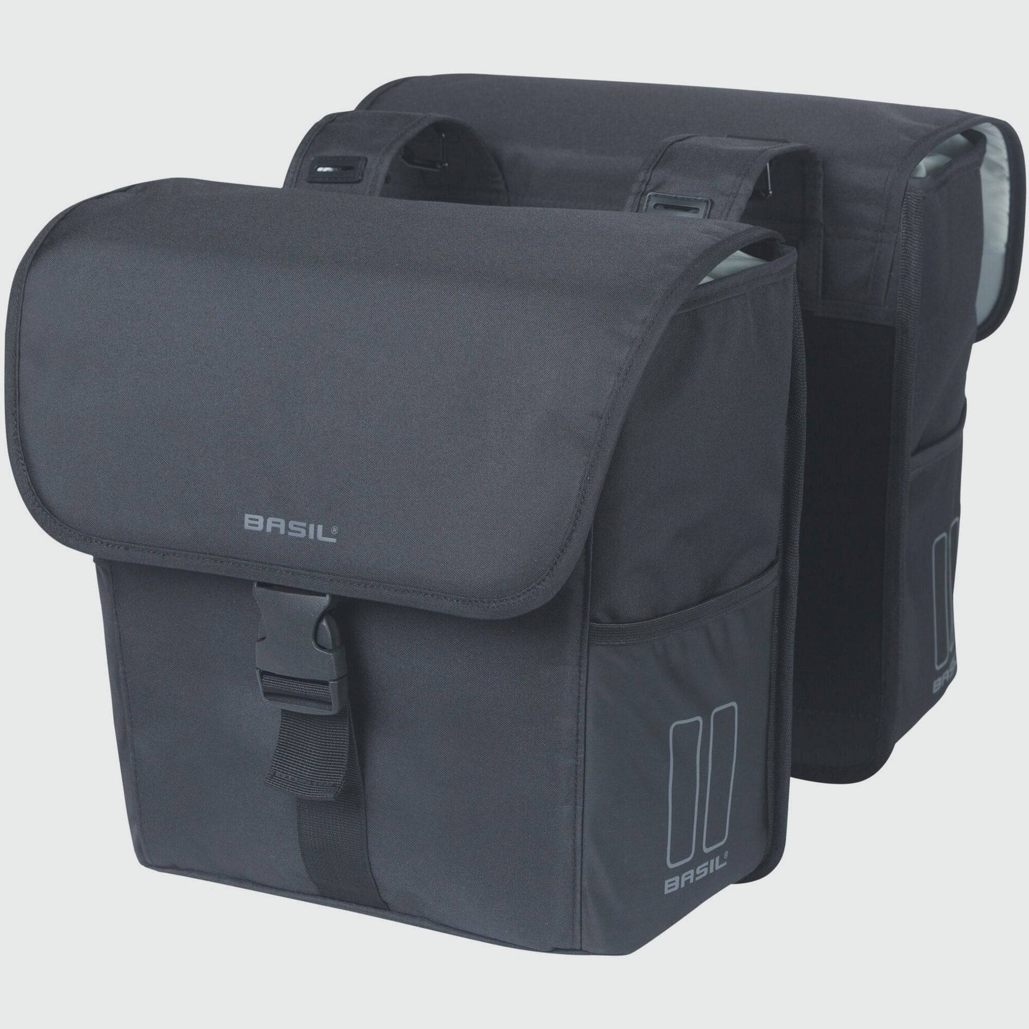 Black Basil GO Double Bike Pannier with 32L capacity, reflective details, and durable solid design for cycling accessories.