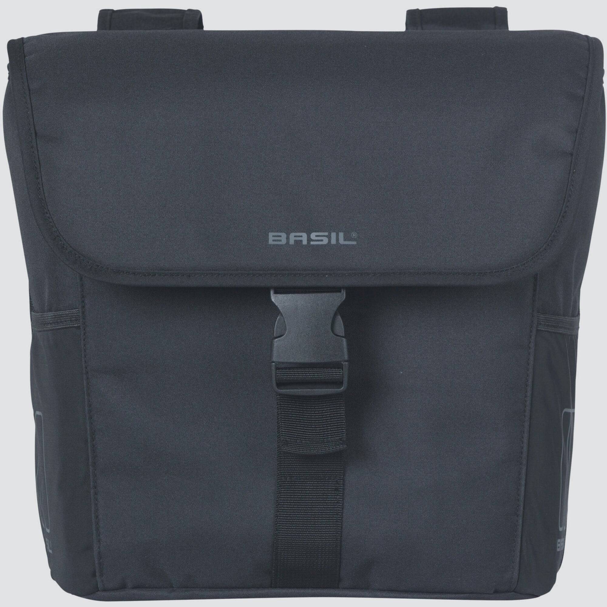 Basil GO Double Bag 32L solid black bike pannier with reflective details, designed for cycling accessories and storage.