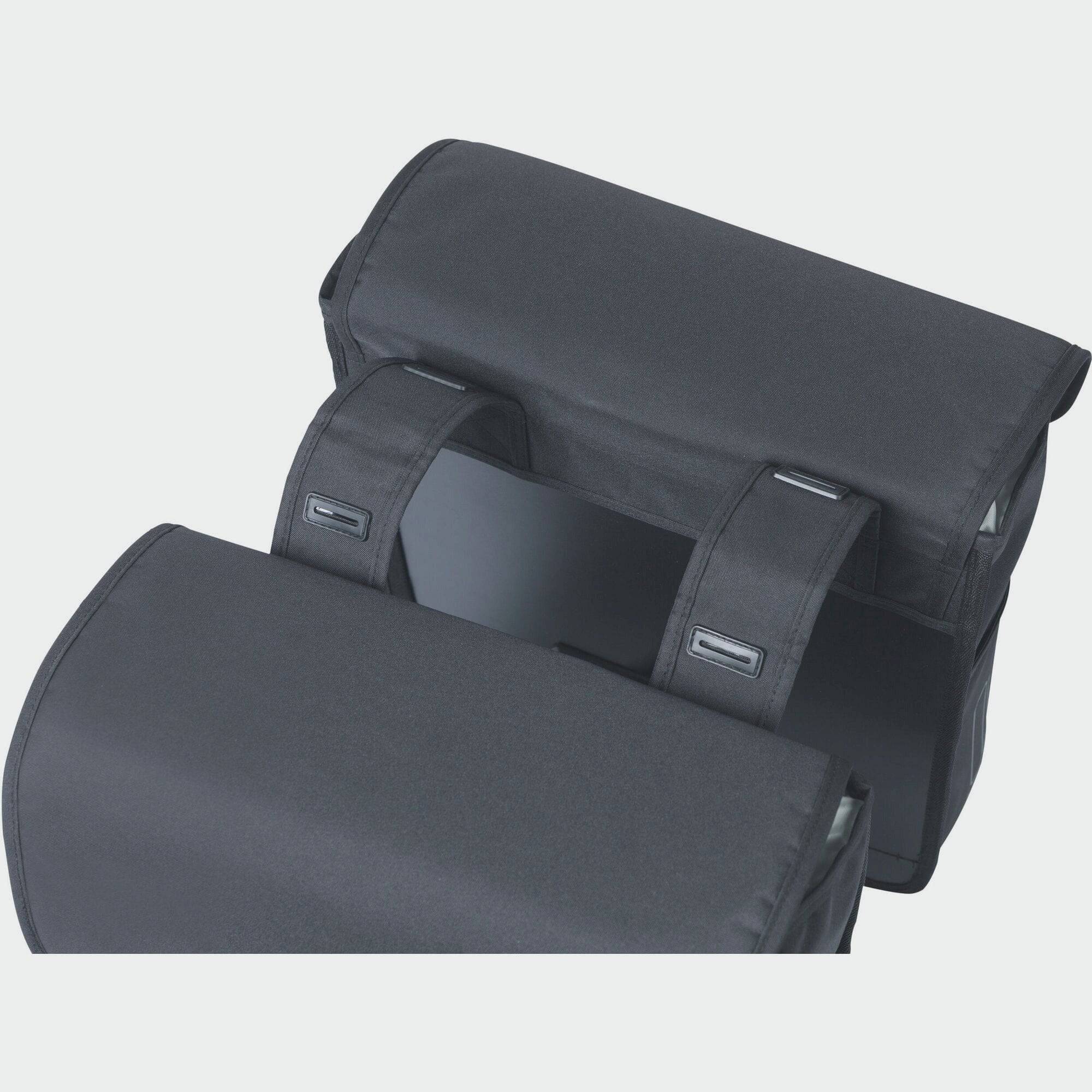 Basil GO Double Bag 32L solid black bike pannier with reflective details, designed for bicycle accessories and storage.
