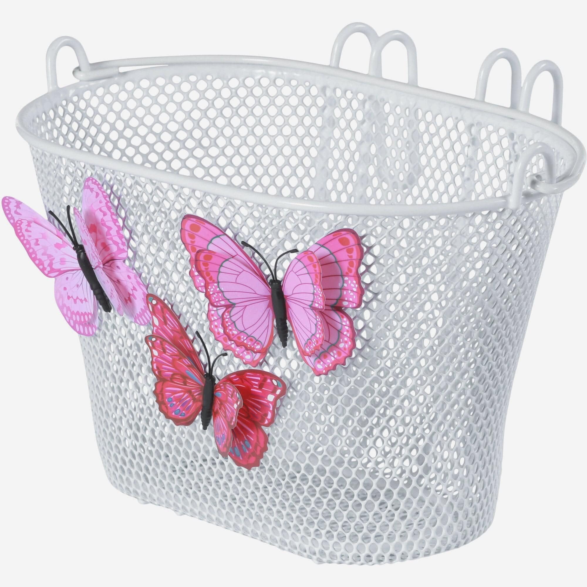White Basil Jasmin kids bike basket with butterfly accents and removable handle, perfect for bicycle accessories.
