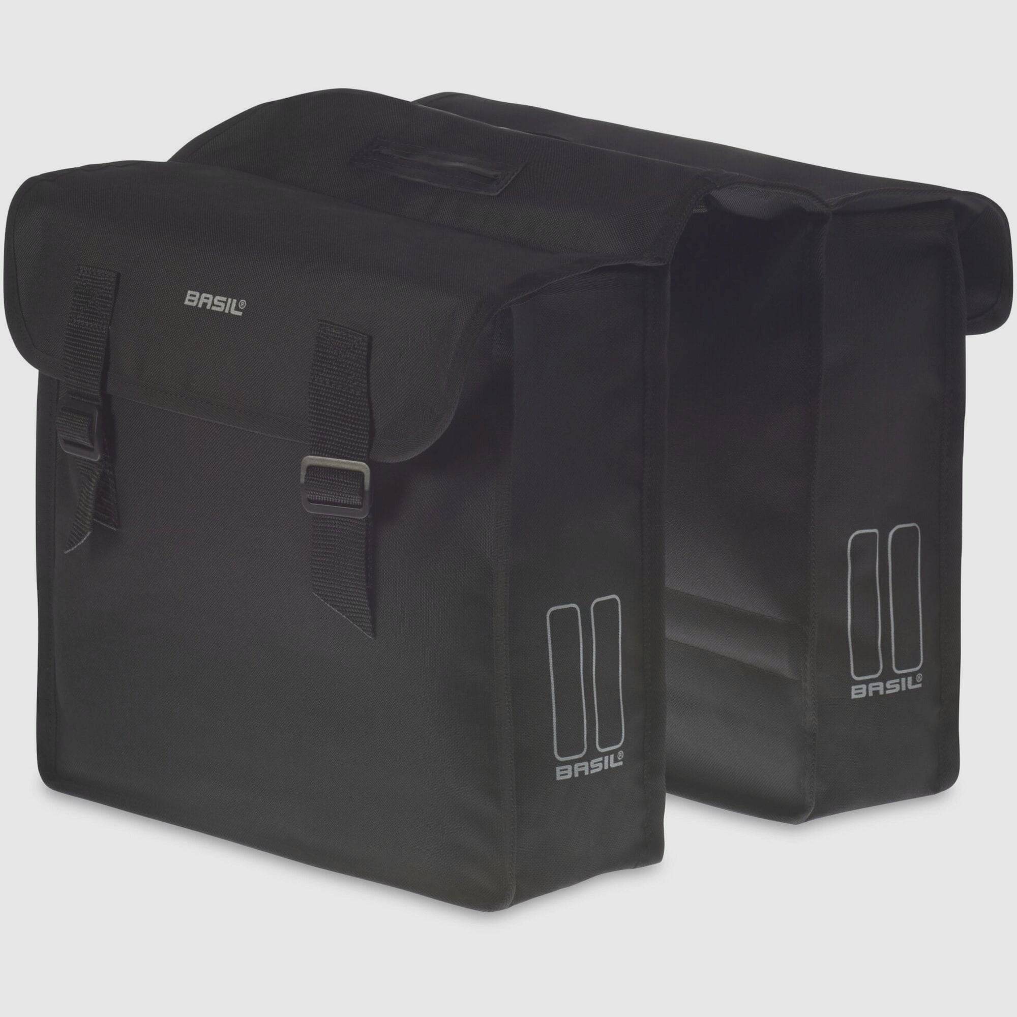Basil Mara Double Bag 26L black water-repellent bike pannier with reflective accents, designed for cycling accessories and storage.