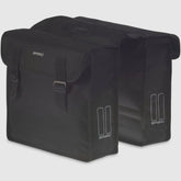 Basil Mara Double Bag 26L black water-repellent bike pannier with reflective accents, designed for cycling accessories and storage.
