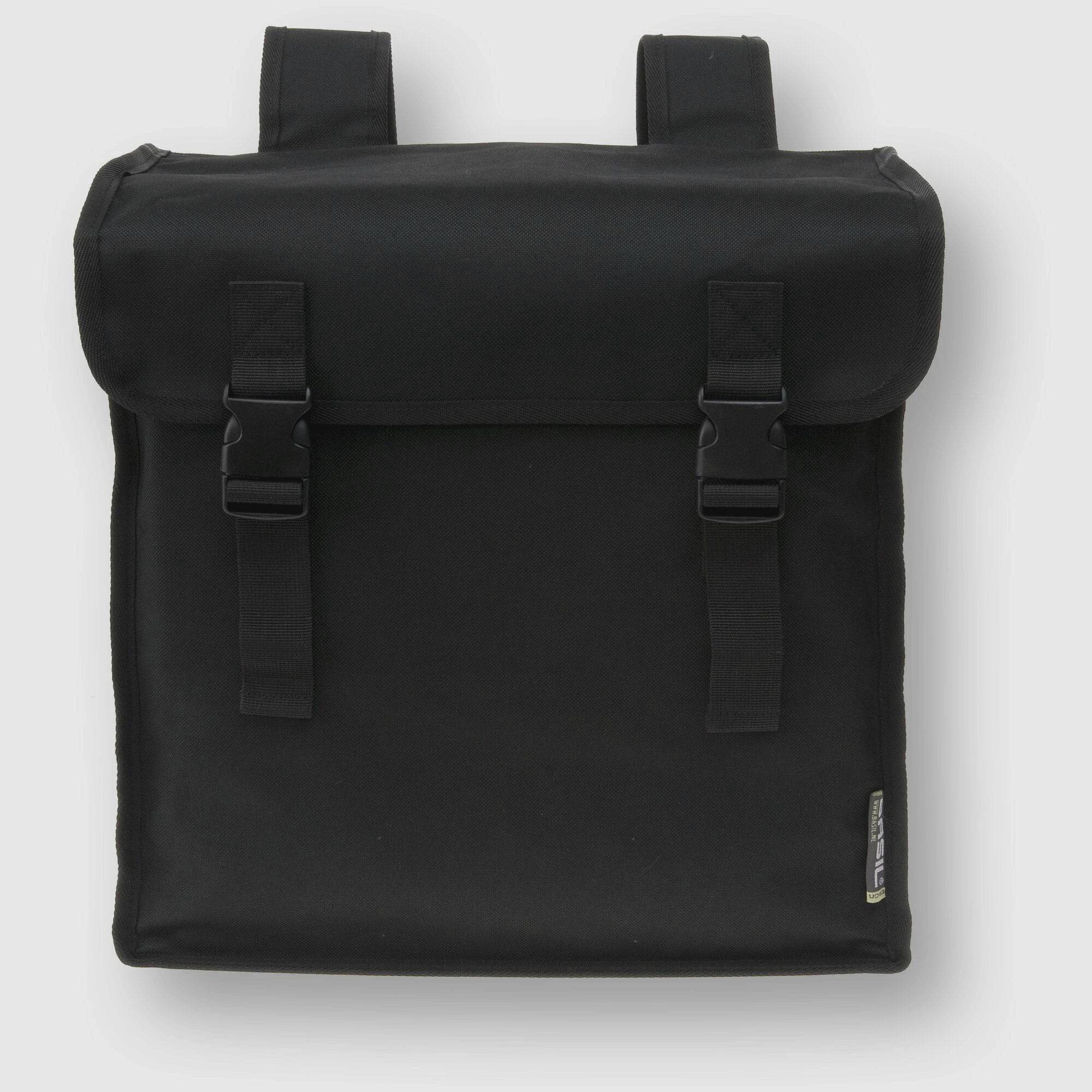 Basil Mara Double Bag 26L black water-repellent bike pannier with reflective accents, designed for bike accessories.