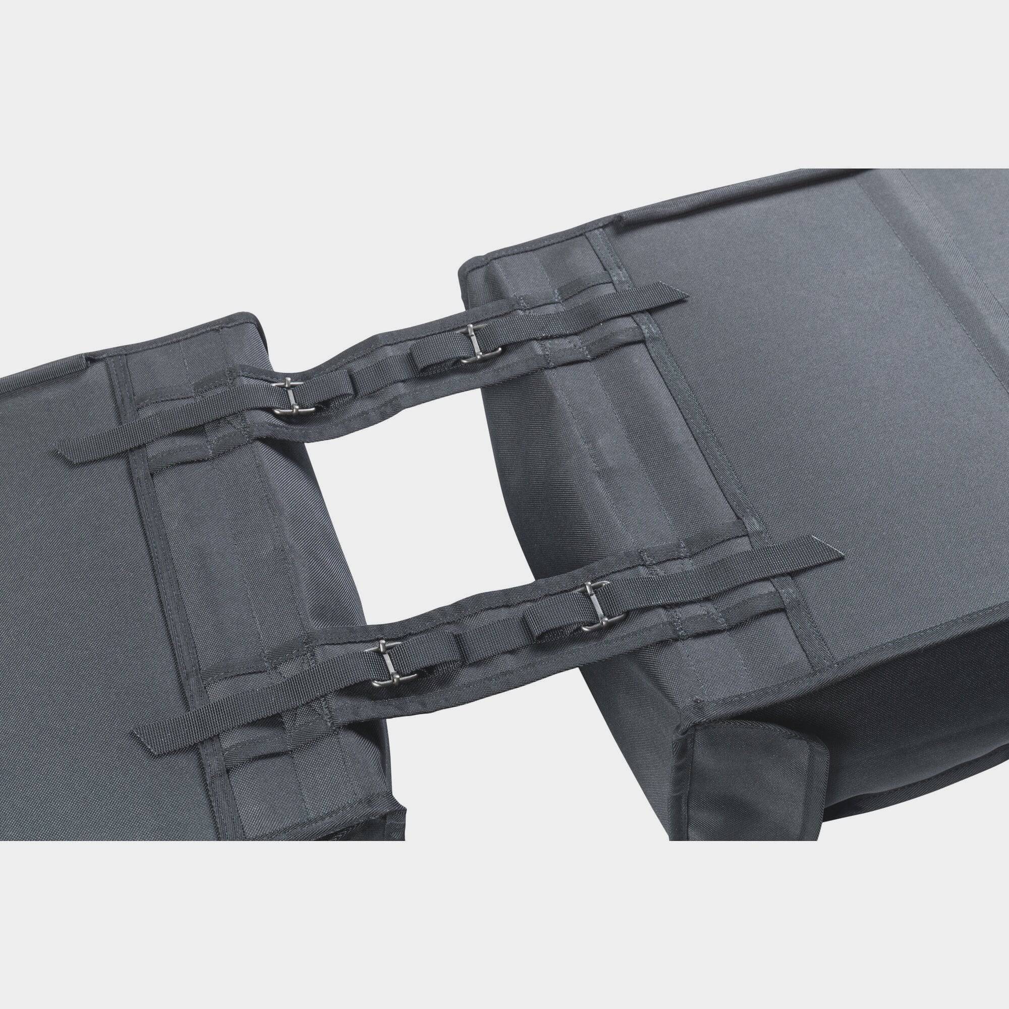 Basil Mara Double Bag 26L black water-repellent bike pannier with reflective accents and adjustable straps for cycling accessories.