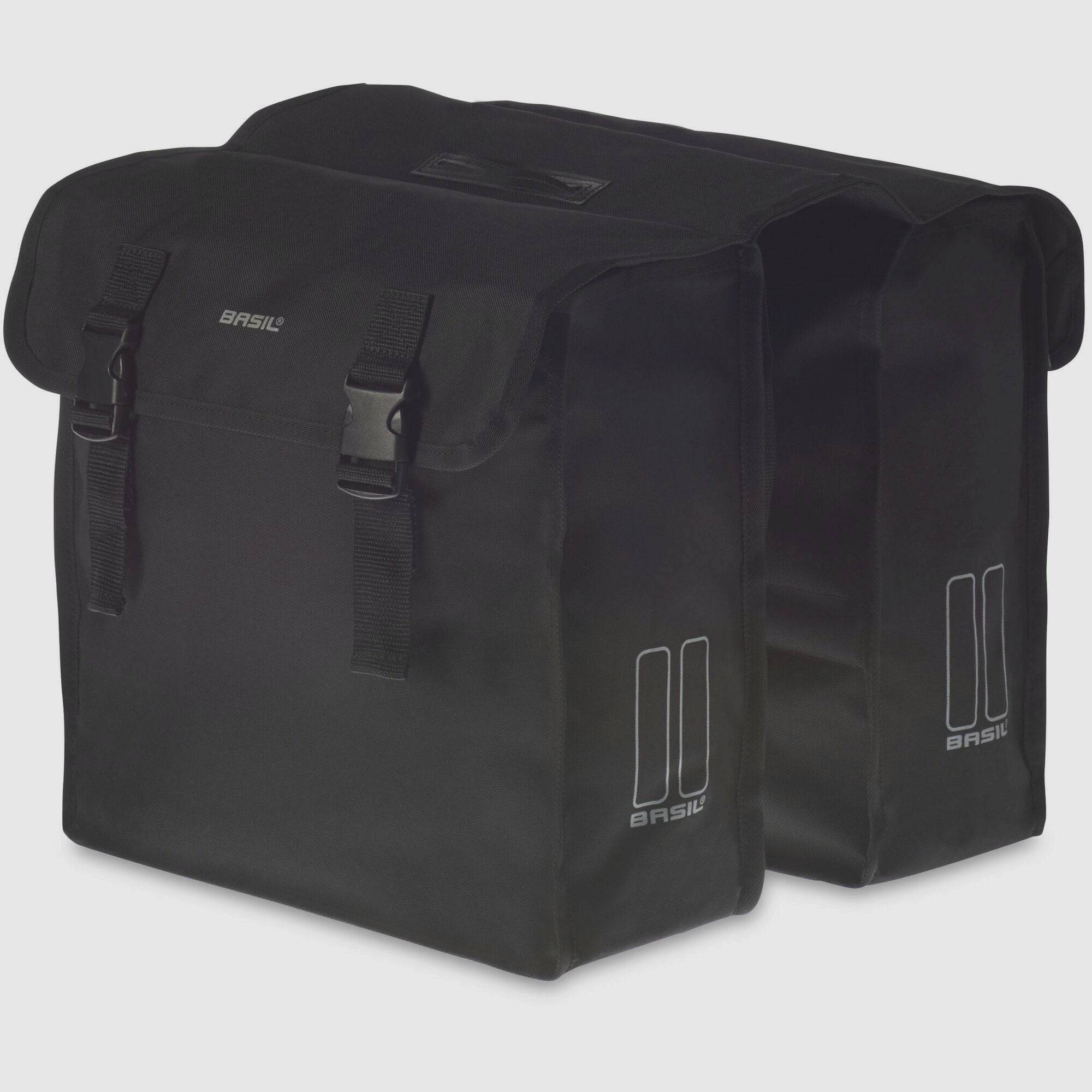 Basil Mara XL 35L black water-repellent bicycle pannier with reflective accents and sturdy double bag design.