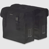 Basil Mara XL 35L black water-repellent bicycle pannier with reflective accents and sturdy double bag design.