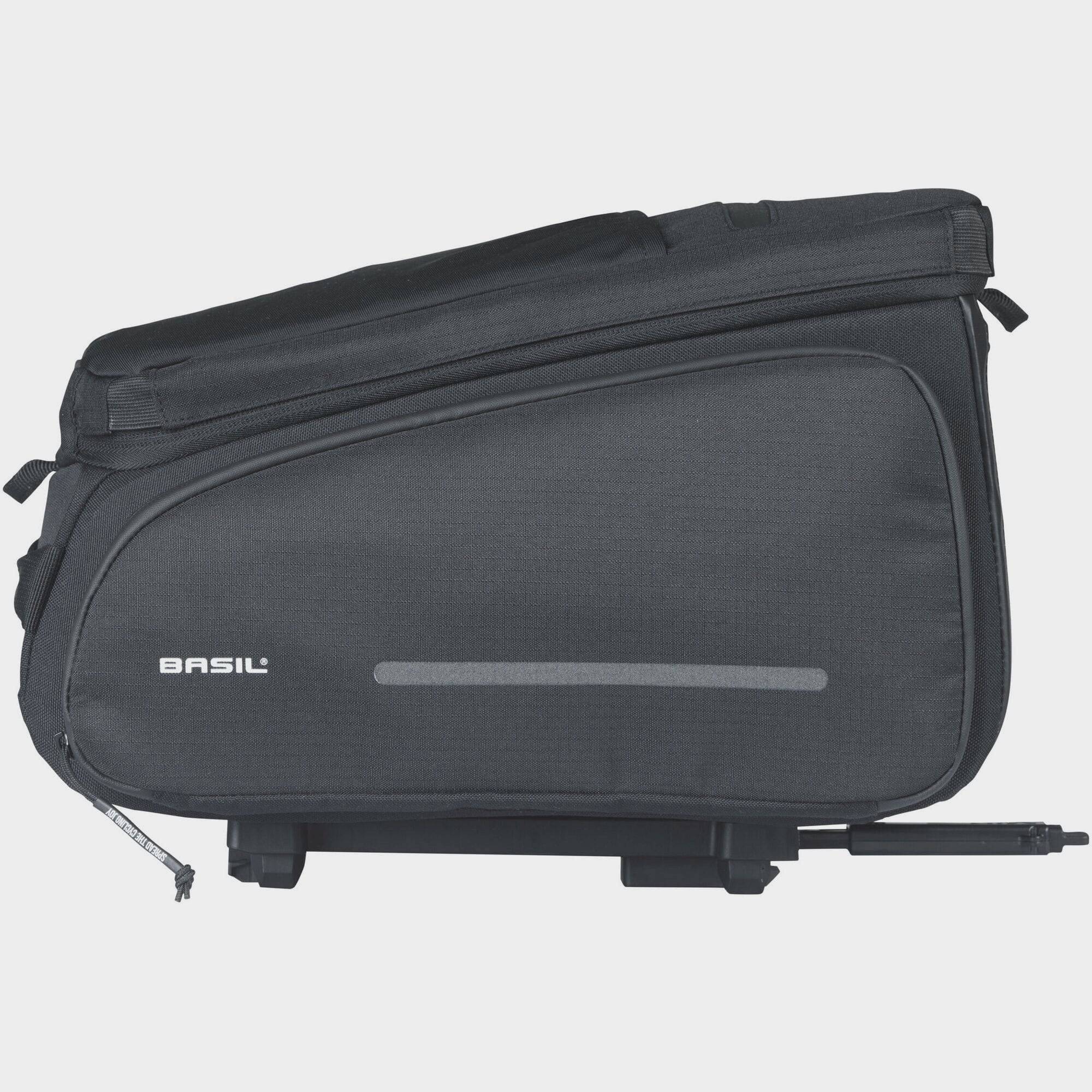 Black Basil Move Trunkbag MIK expandable bike bag with adapter plate, featuring multiple compartments and a sleek design for cycling accessories.