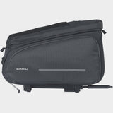 Black Basil Move Trunkbag MIK expandable bike bag with adapter plate, featuring multiple compartments and a sleek design for cycling accessories.