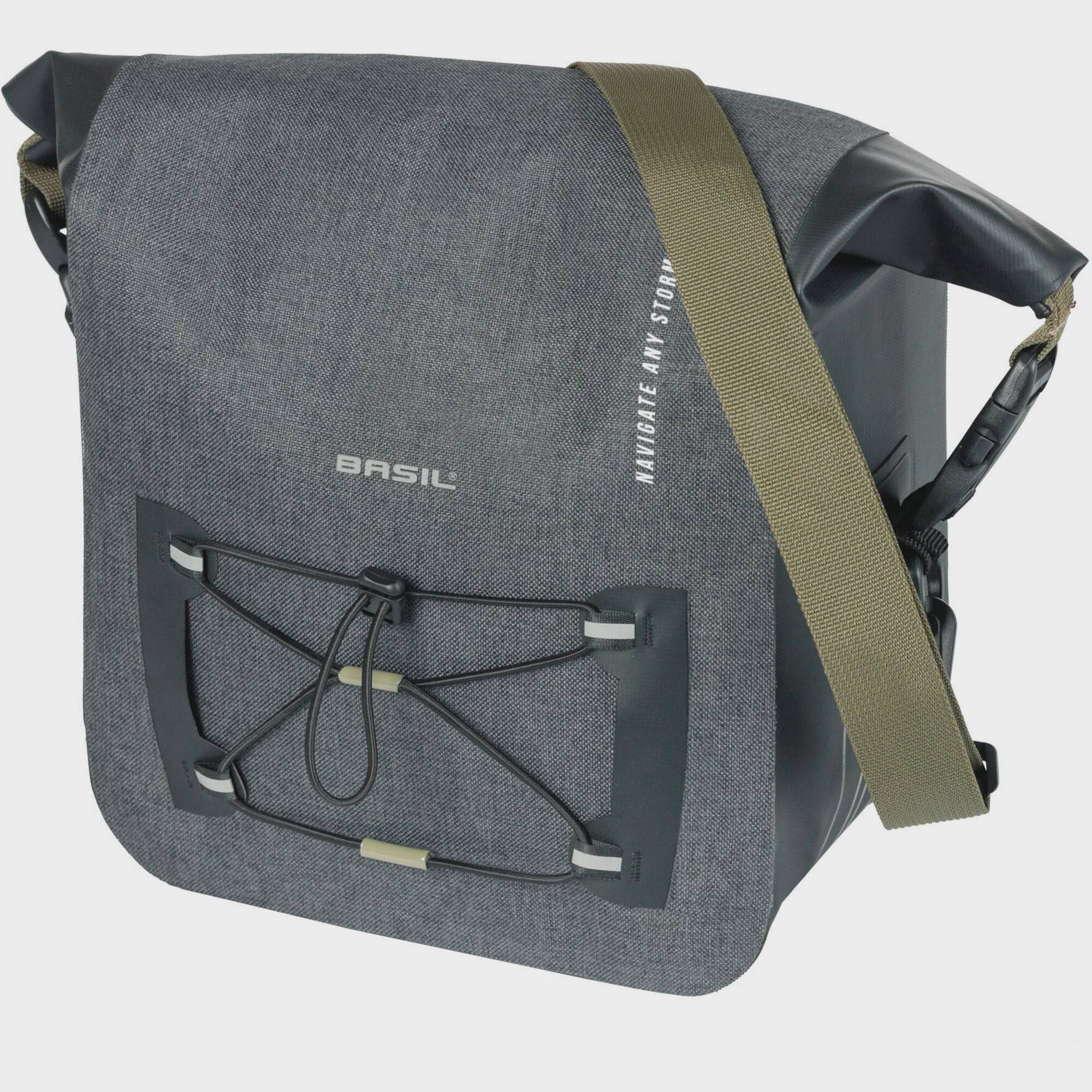 Basil Navigator Storm KF handlebar bag in black, waterproof with reflective logos, 10-11L capacity for cycling accessories.