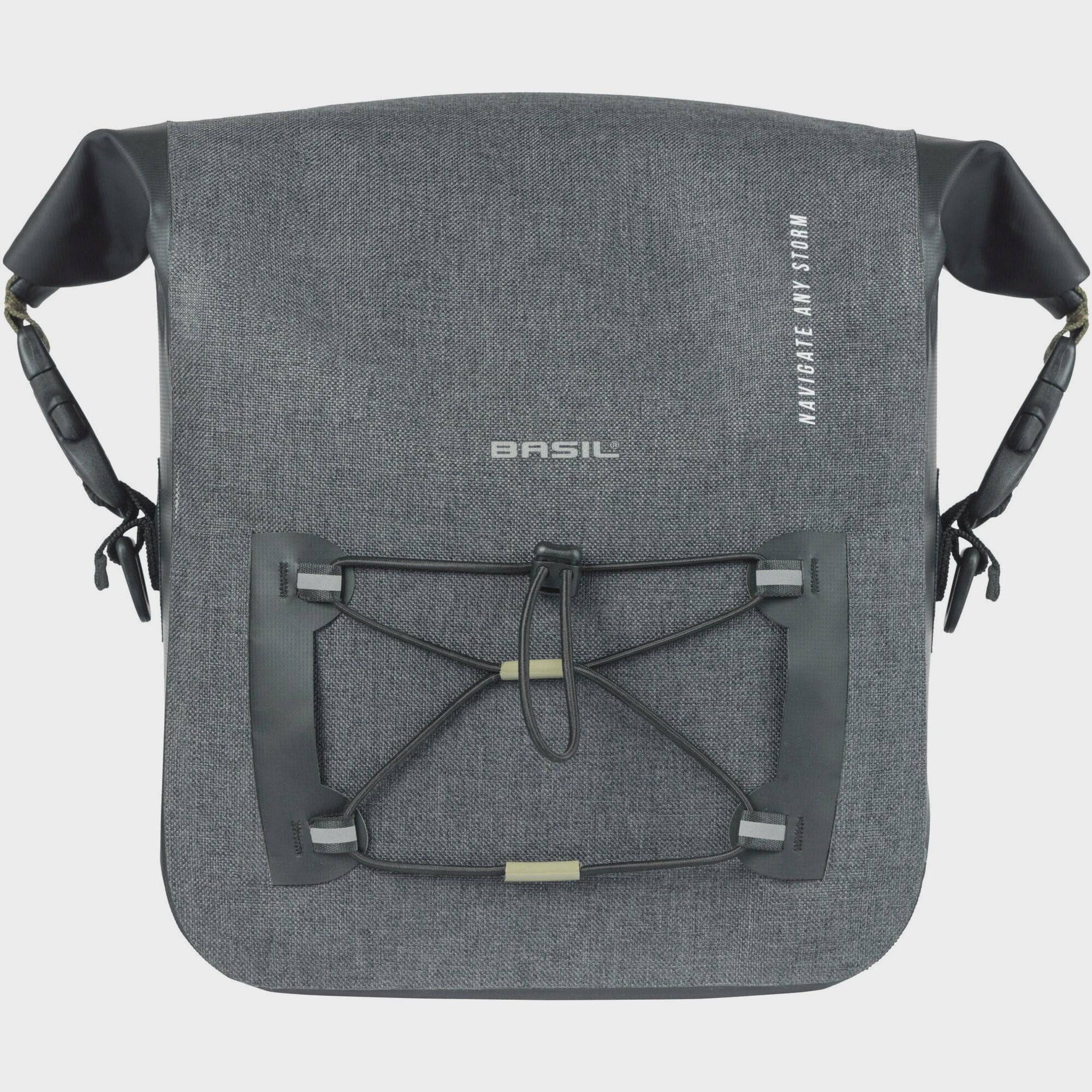 Basil Navigator Storm KF handlebar bag in black with reflective logos, waterproof 10-11L cycling accessories on a bike.
