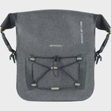 Basil Navigator Storm KF handlebar bag in black with reflective logos, waterproof 10-11L cycling accessories on a bike.
