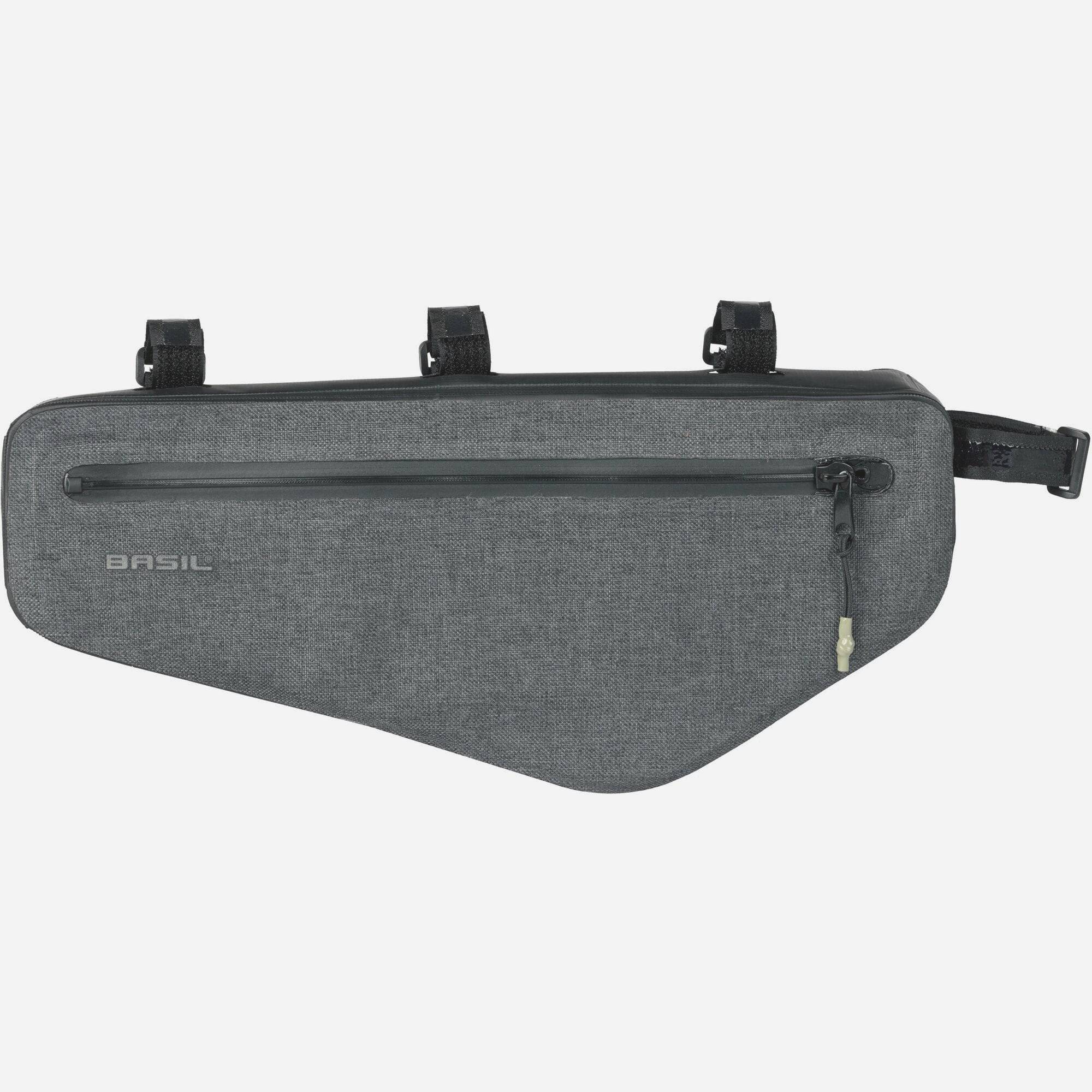 Basil Navigator Storm Frame Bag M 2.2L waterproof black bicycle accessory with reflective logos attached to bike frame.