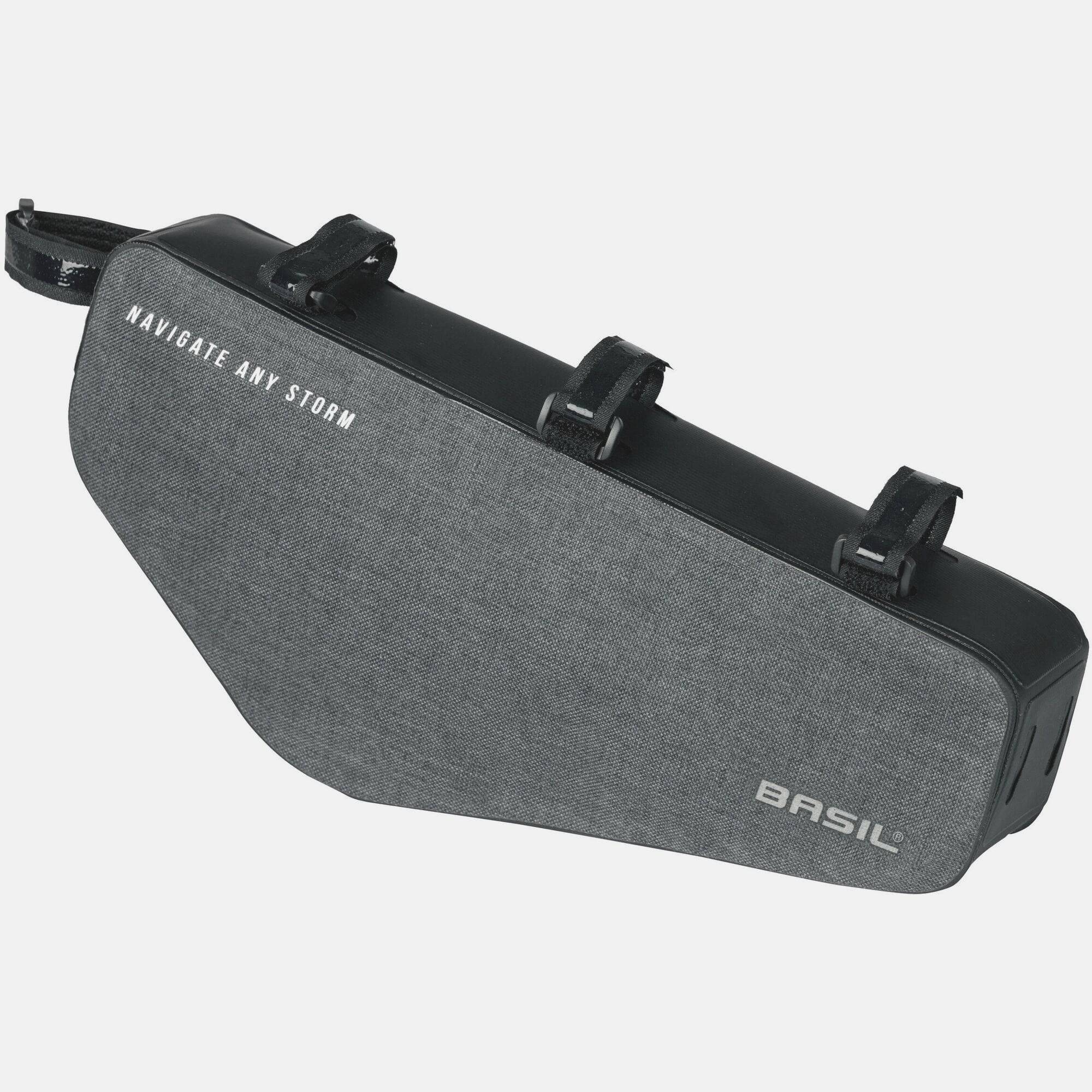 Basil Navigator Storm Frame Bag M 2.2L waterproof black bike accessory with reflective logos mounted on bike frame